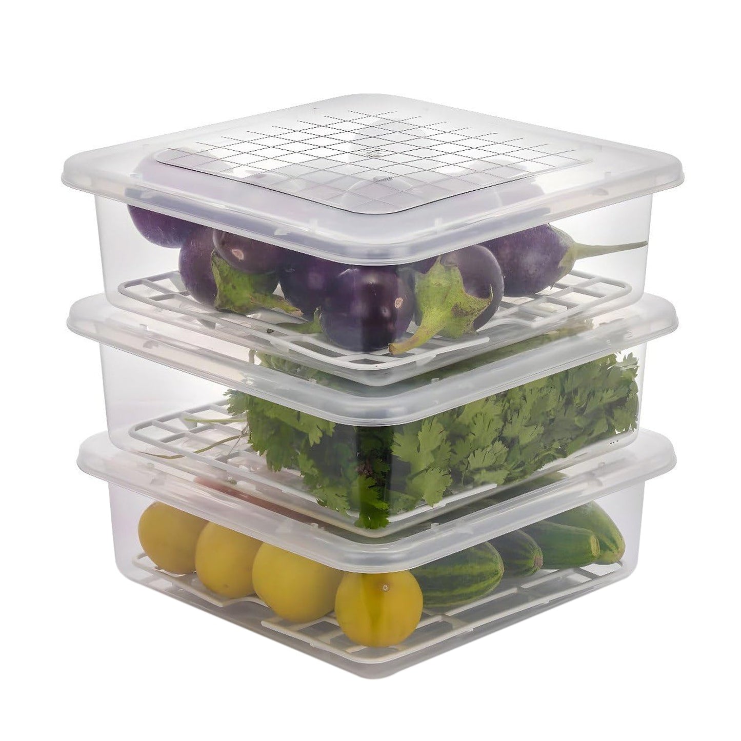 Stackable set of plastic food storage containers with airtight lids