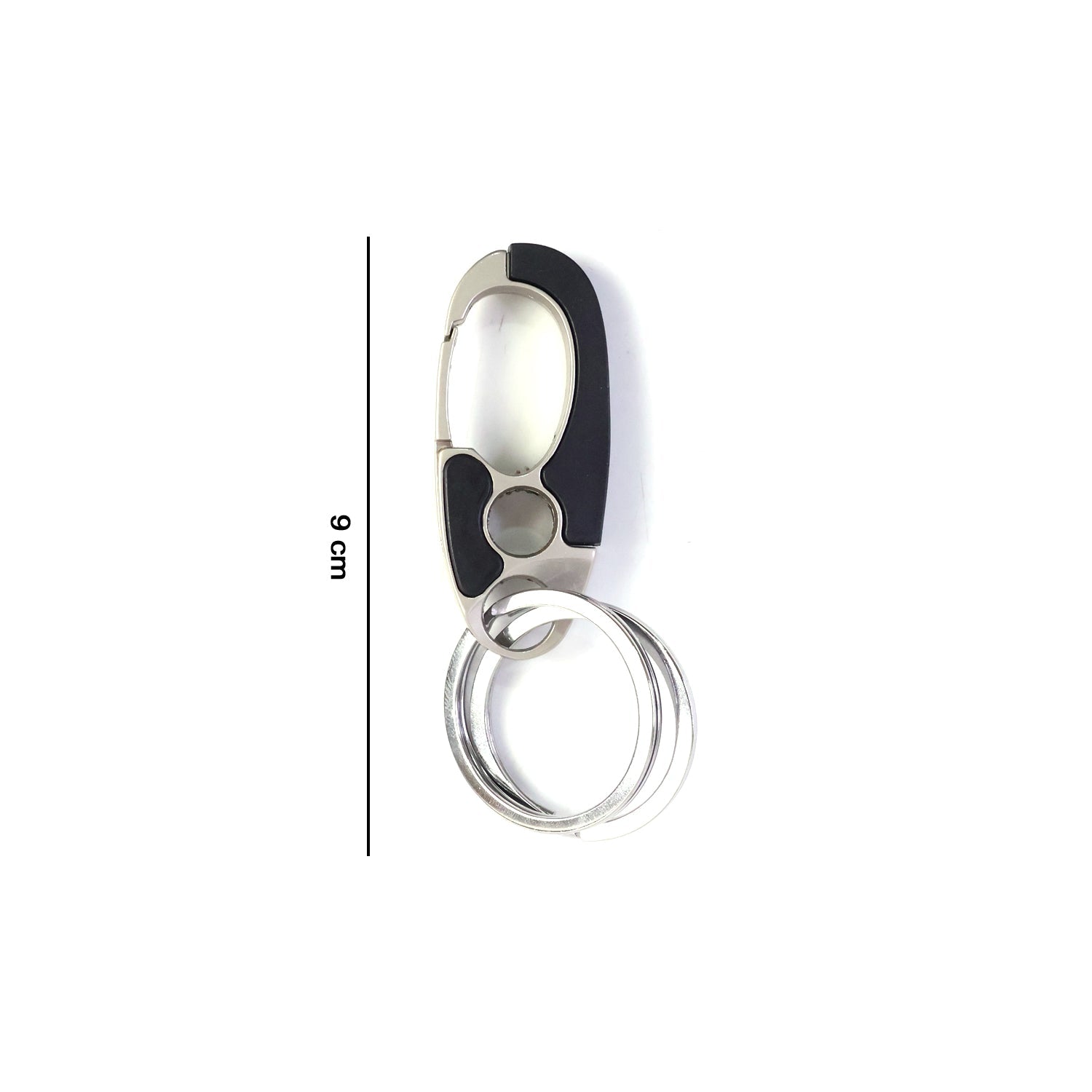 Close-up of locking clip mechanism on stainless steel keychain