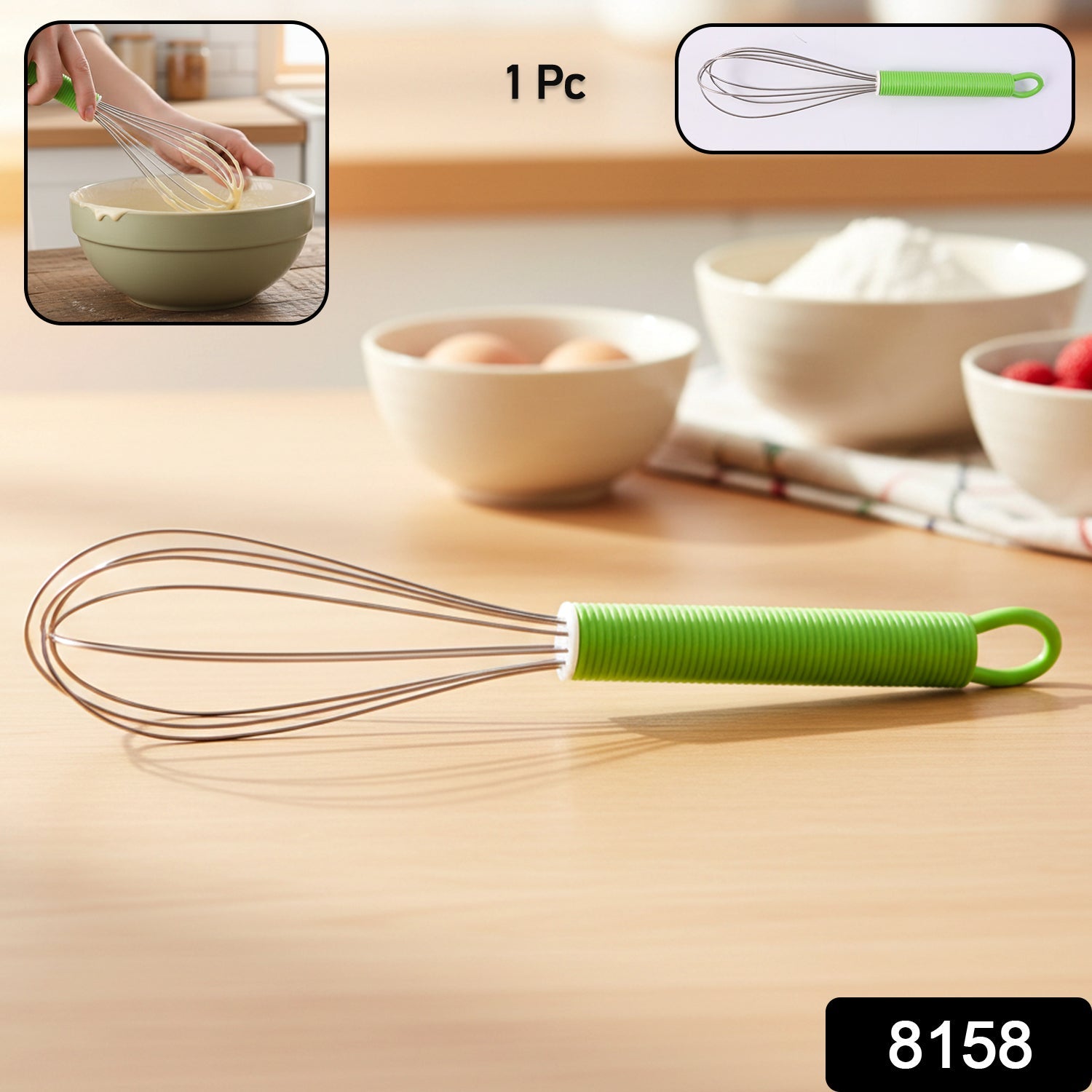 Kitchen whisk tool resting on countertop for cooking and baking