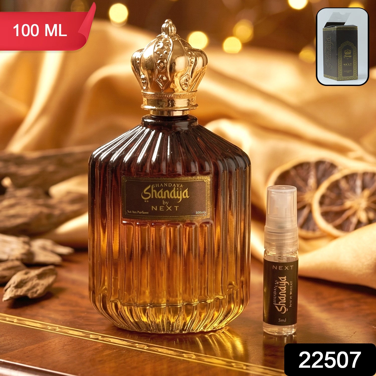 Stylish bottle of Next Shanaya Oud perfume with decorative crown cap
