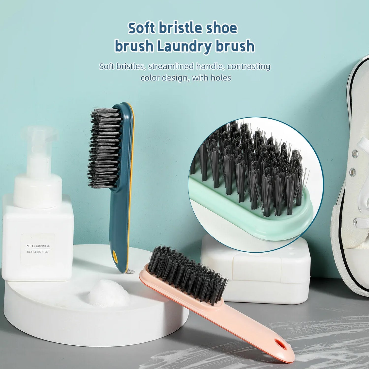 The compact cleaning brush held comfortably, demonstrating its ergonomic handle.