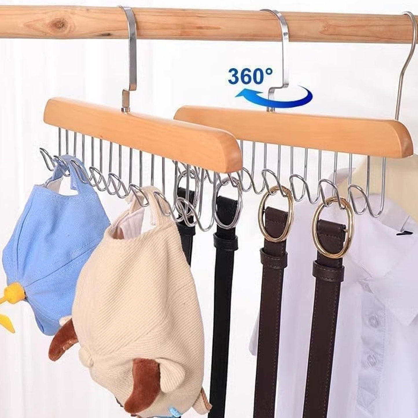 Innovative rotating hook design on the Organivo lotus wood hanger for easy access.