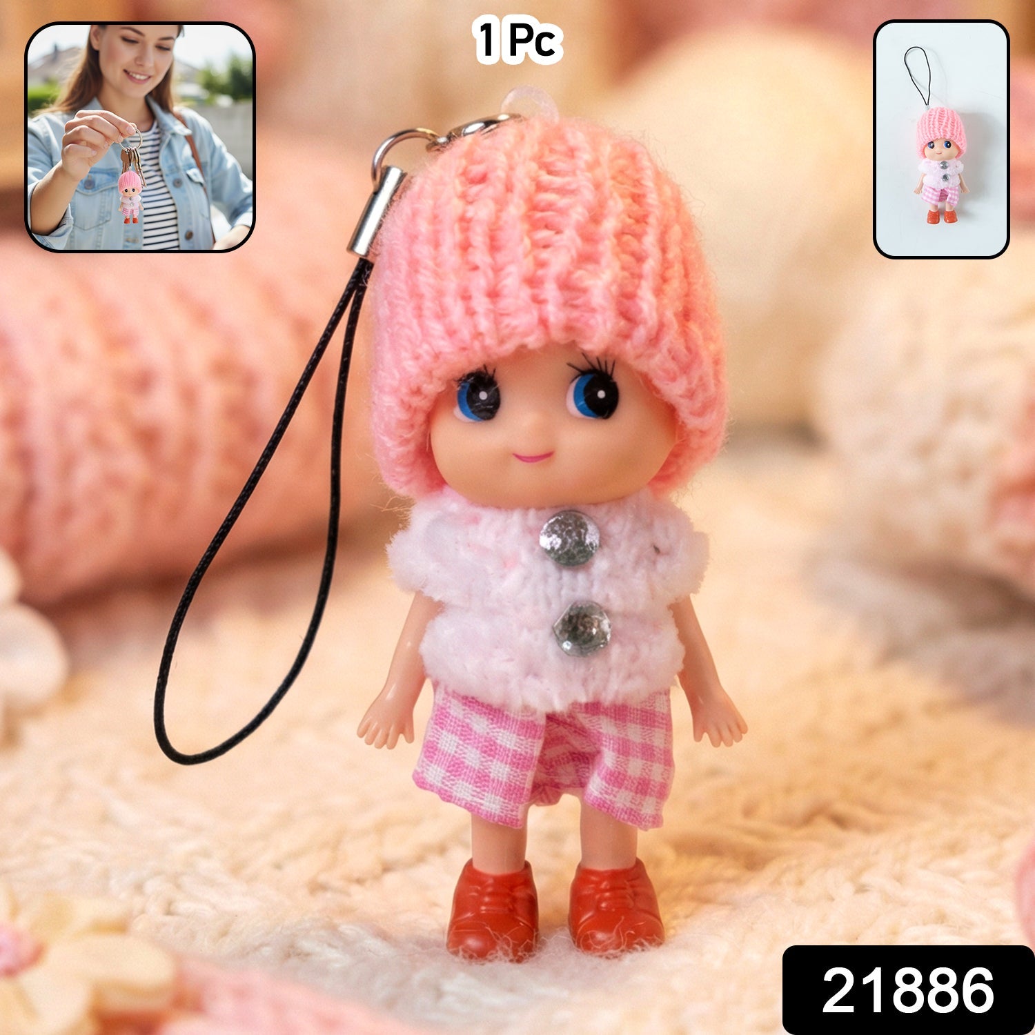 Mini doll keychain hanging on a keyring