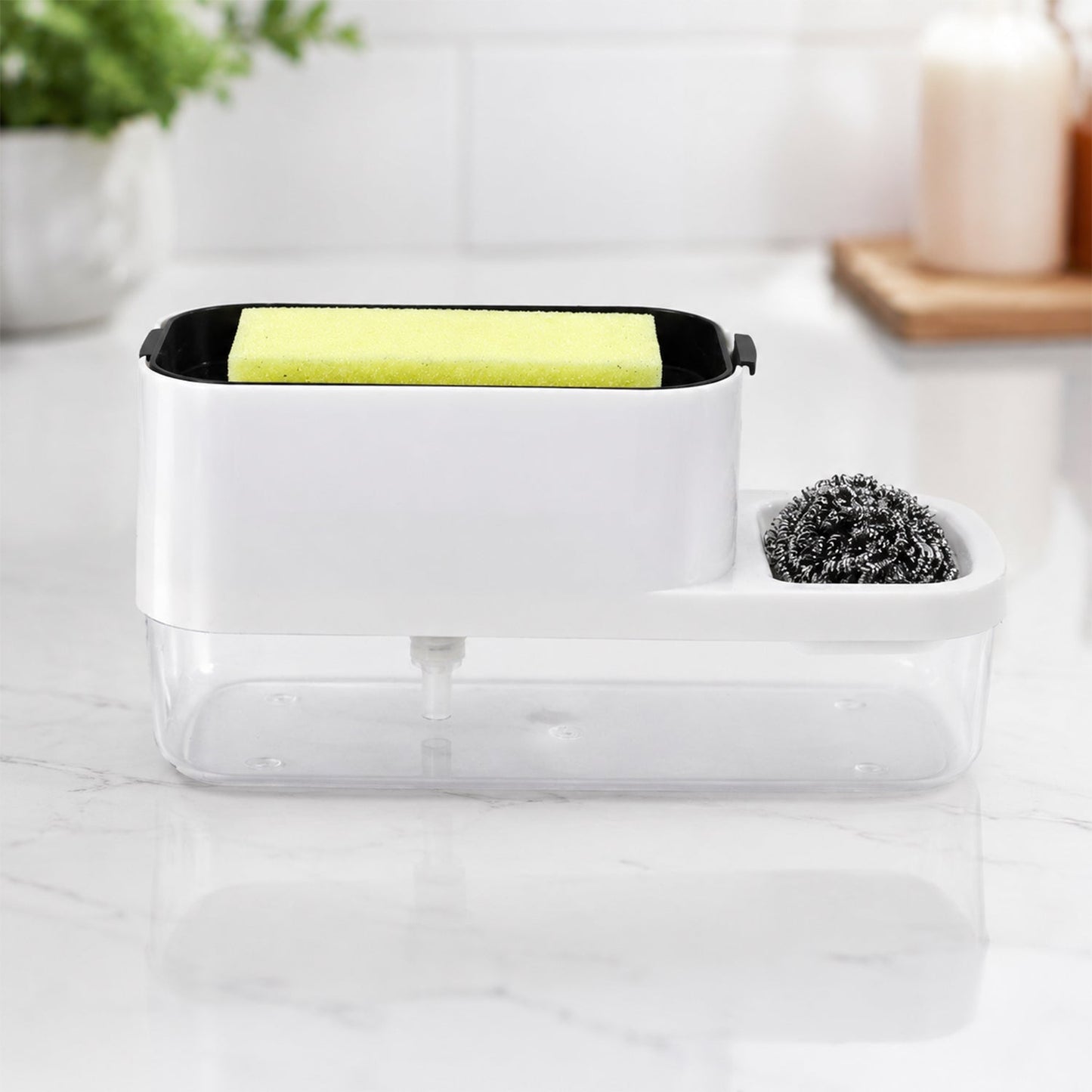Tidy kitchen sink with dish soap dispenser and sponge holder setup