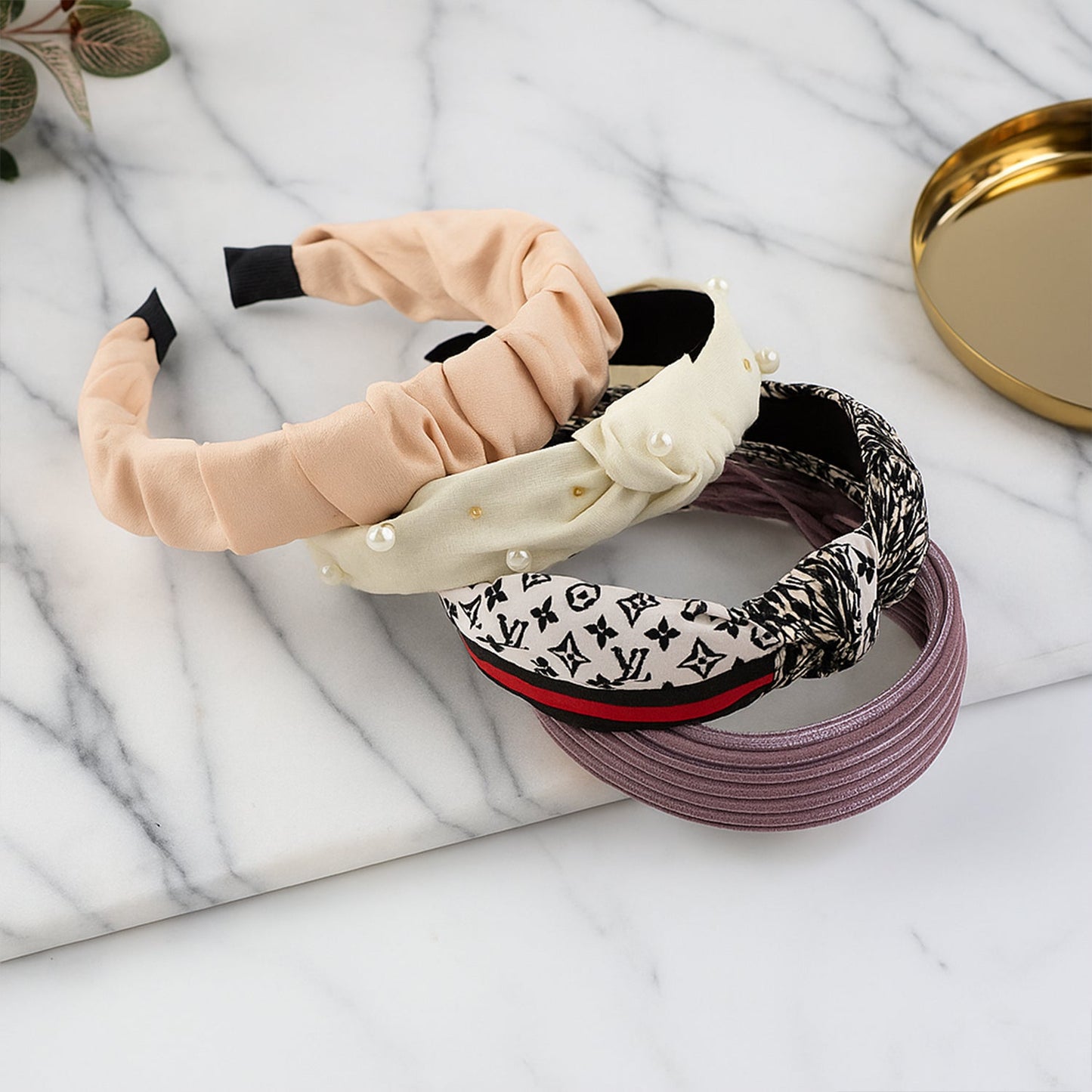 Multiple styled looks featuring ribbed knot hairband accessory