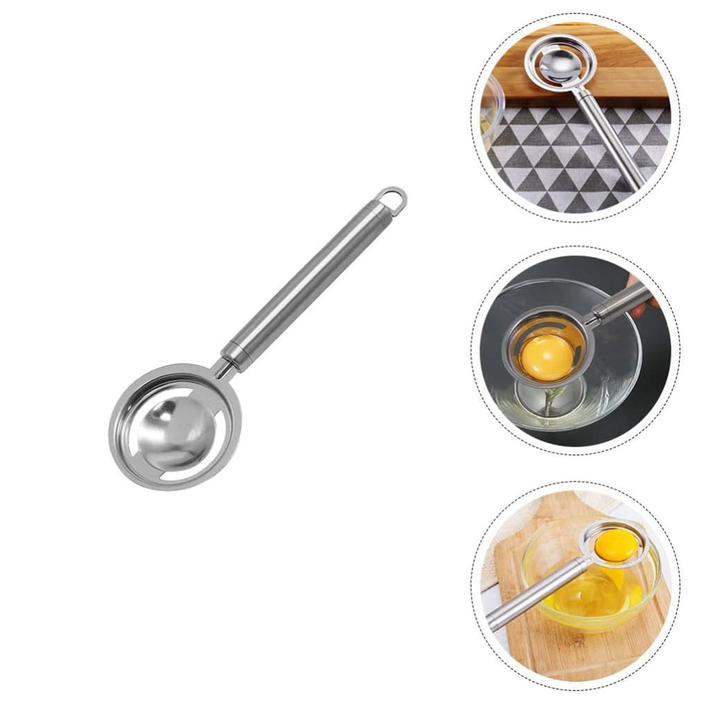 Stainless steel egg separator with a handle, ready to filter egg yolks and whites.