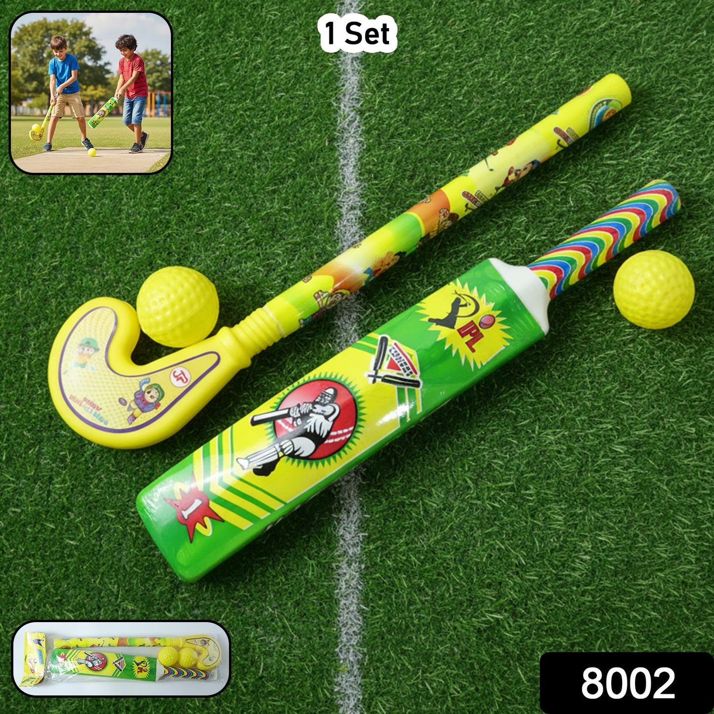 Close-up of the lightweight plastic cricket bat and ball from the kids sports set.