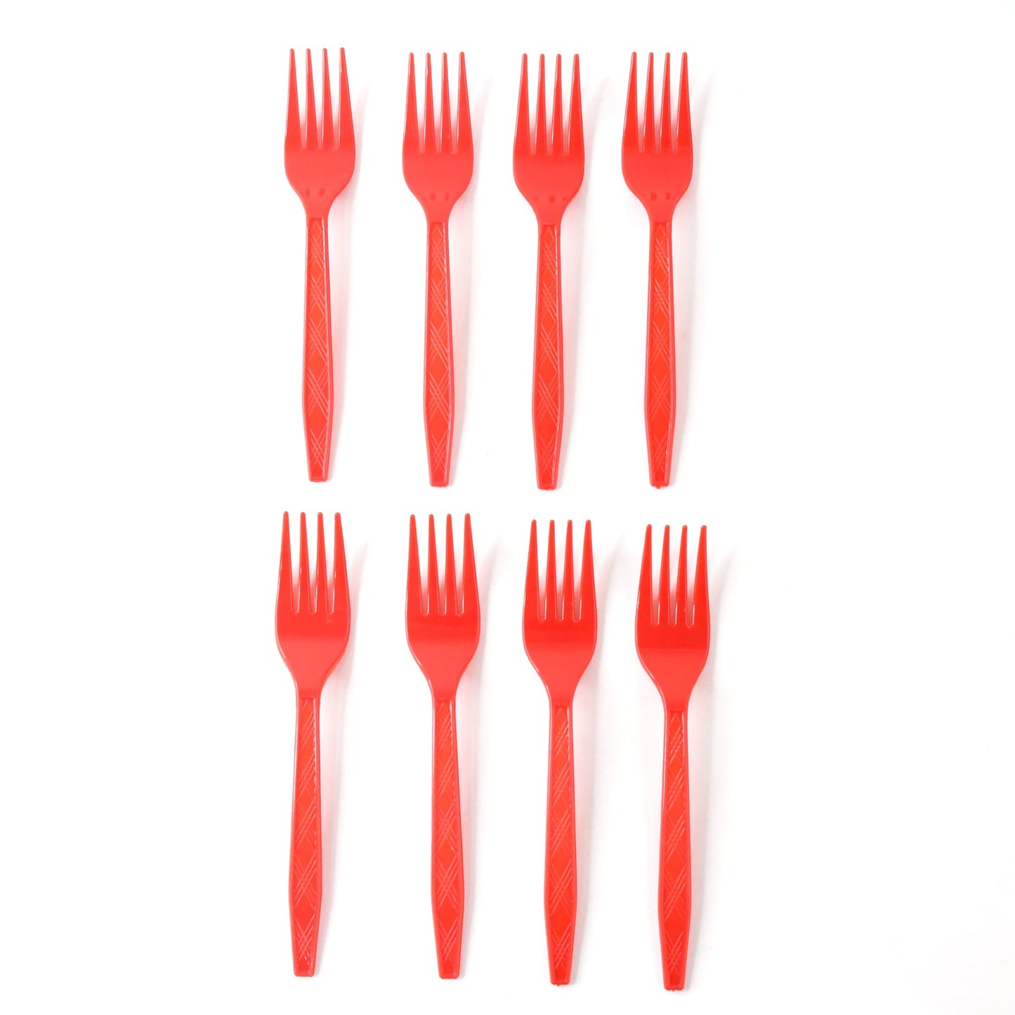 Display of vibrant red plastic disposable forks for guests