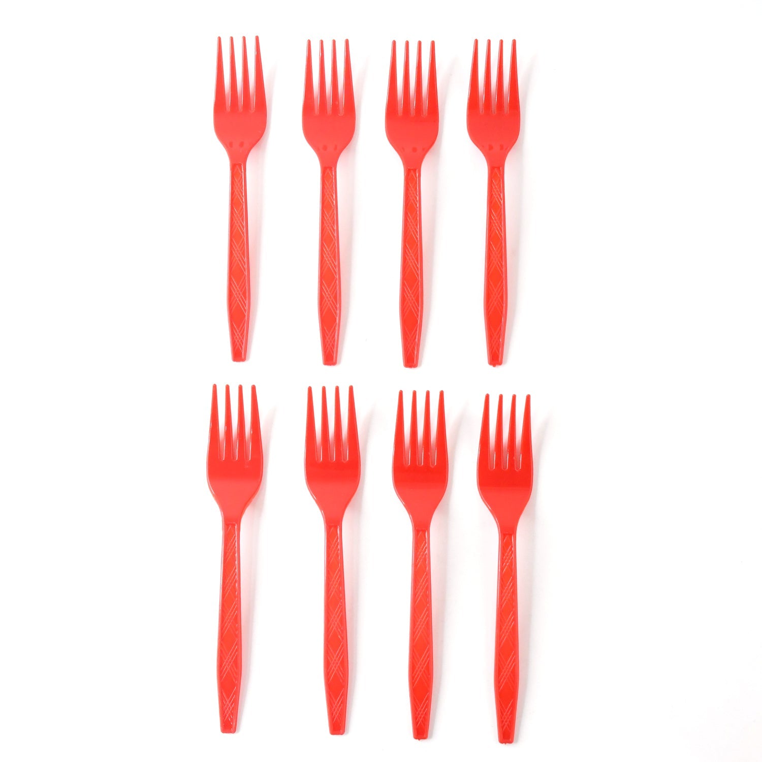Display of vibrant red plastic disposable forks for guests