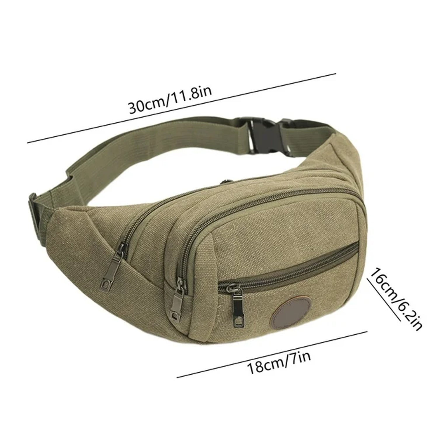 Side view of brown canvas waist bag with secure zipper closure