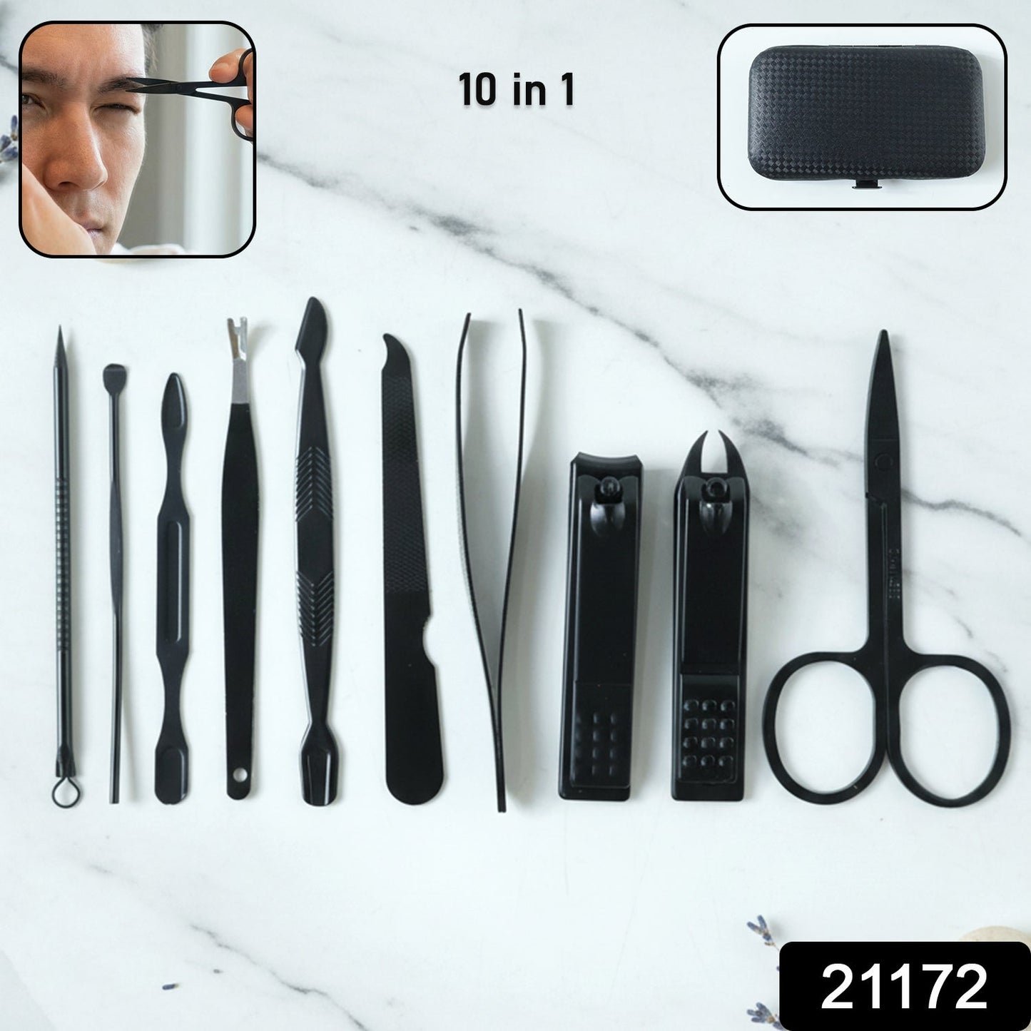 Nail care tools including scissors, nail file, and tweezers for manicure grooming