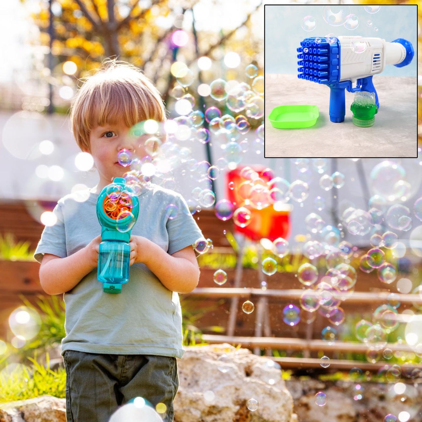 Vibrant, colorful bubble gun toy displayed against a clean, neutral background.