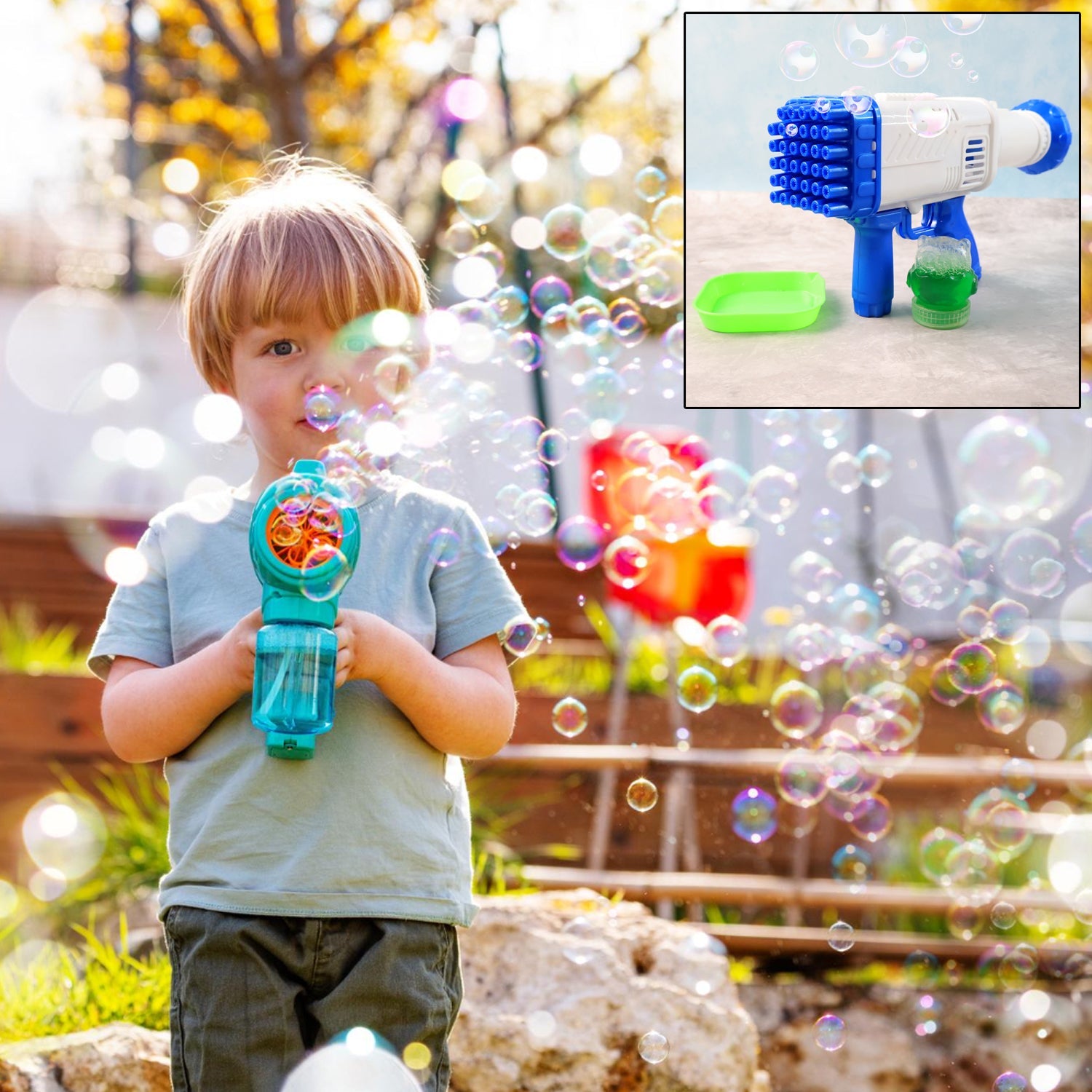 Vibrant, colorful bubble gun toy displayed against a clean, neutral background.