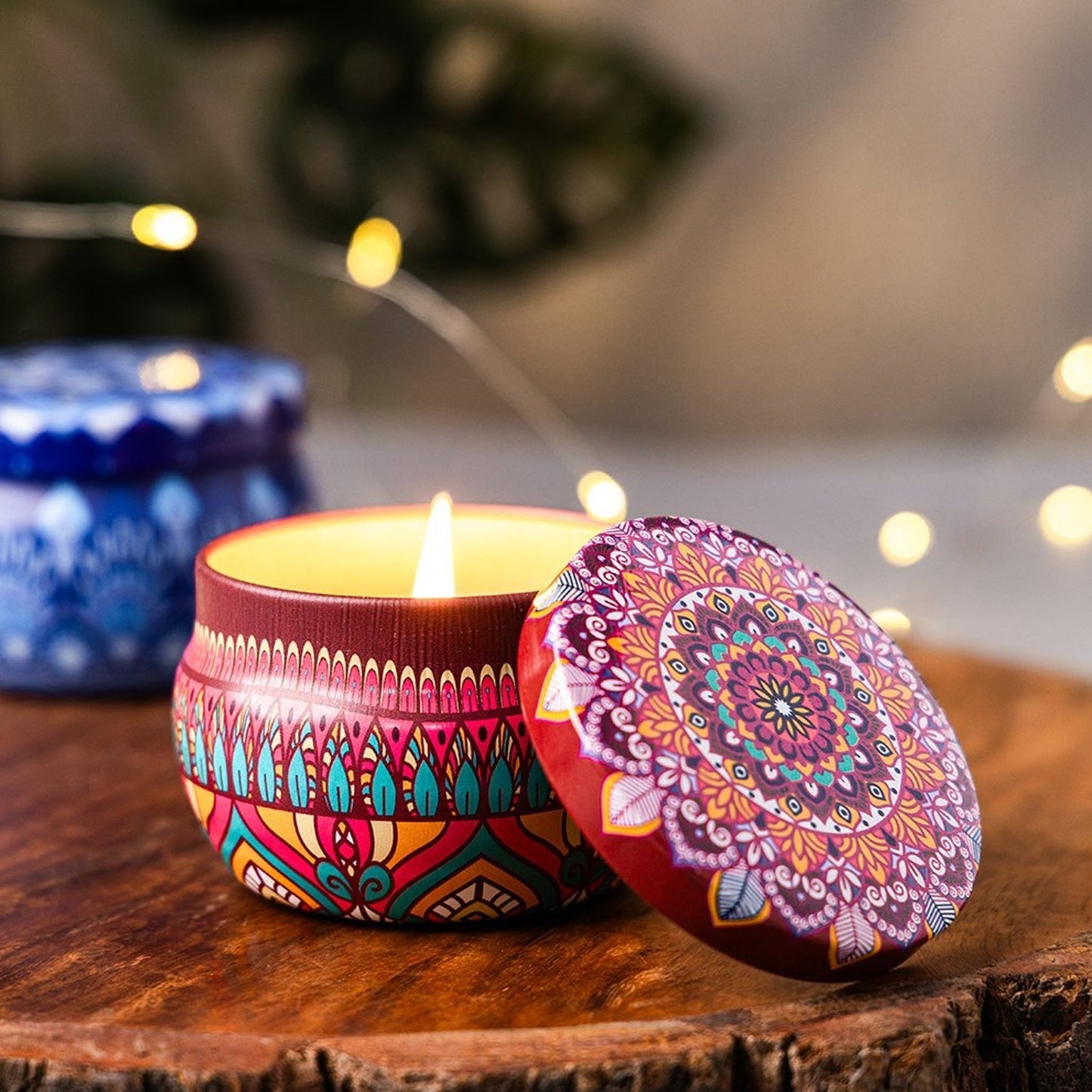 Reusable mandala printed metal candle container with lid for storage