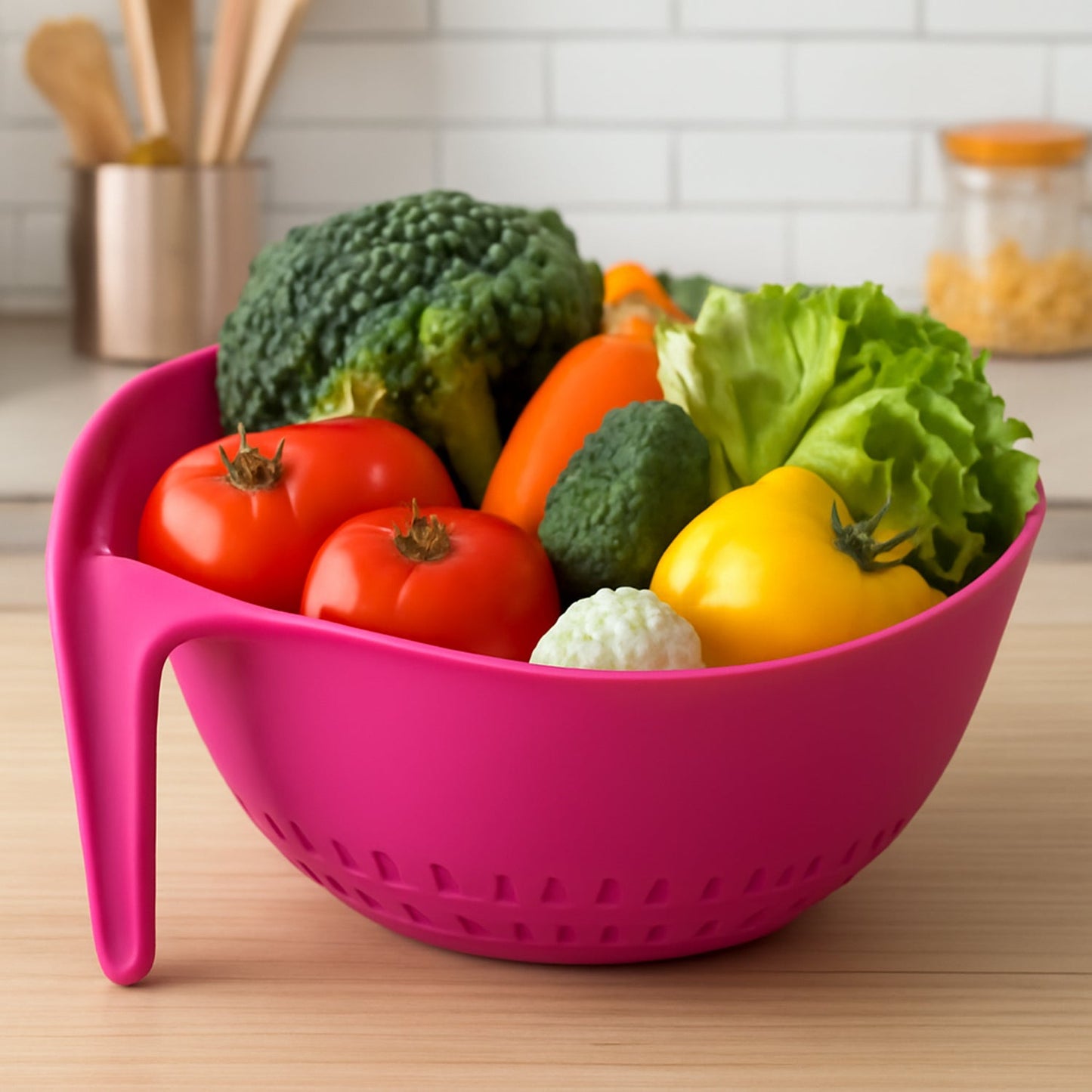 Side view of Supermom triangular kitchen colander highlighting drainage holes