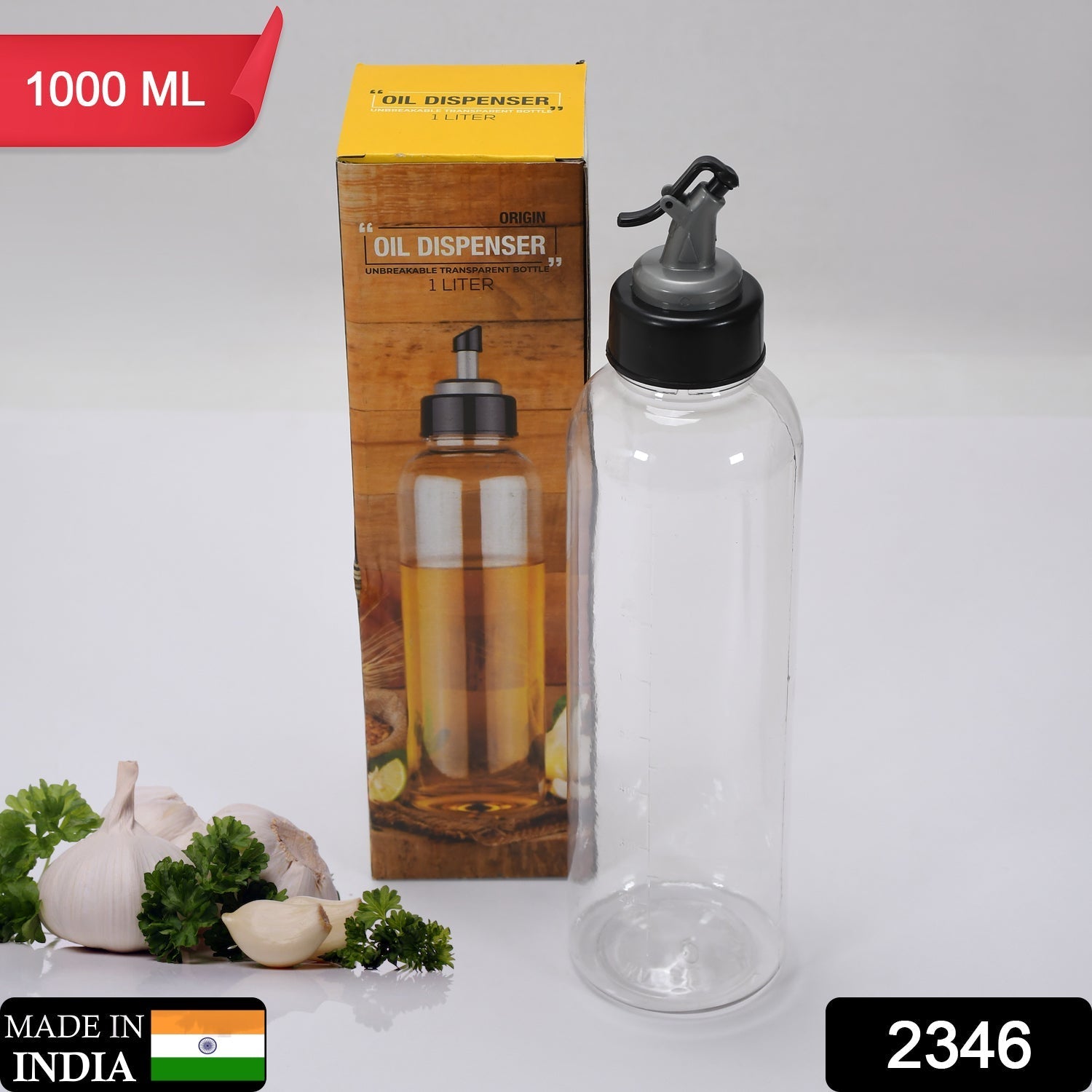 Side view of a clear 1 litre plastic oil bottle, featuring a drip-free pouring spout.