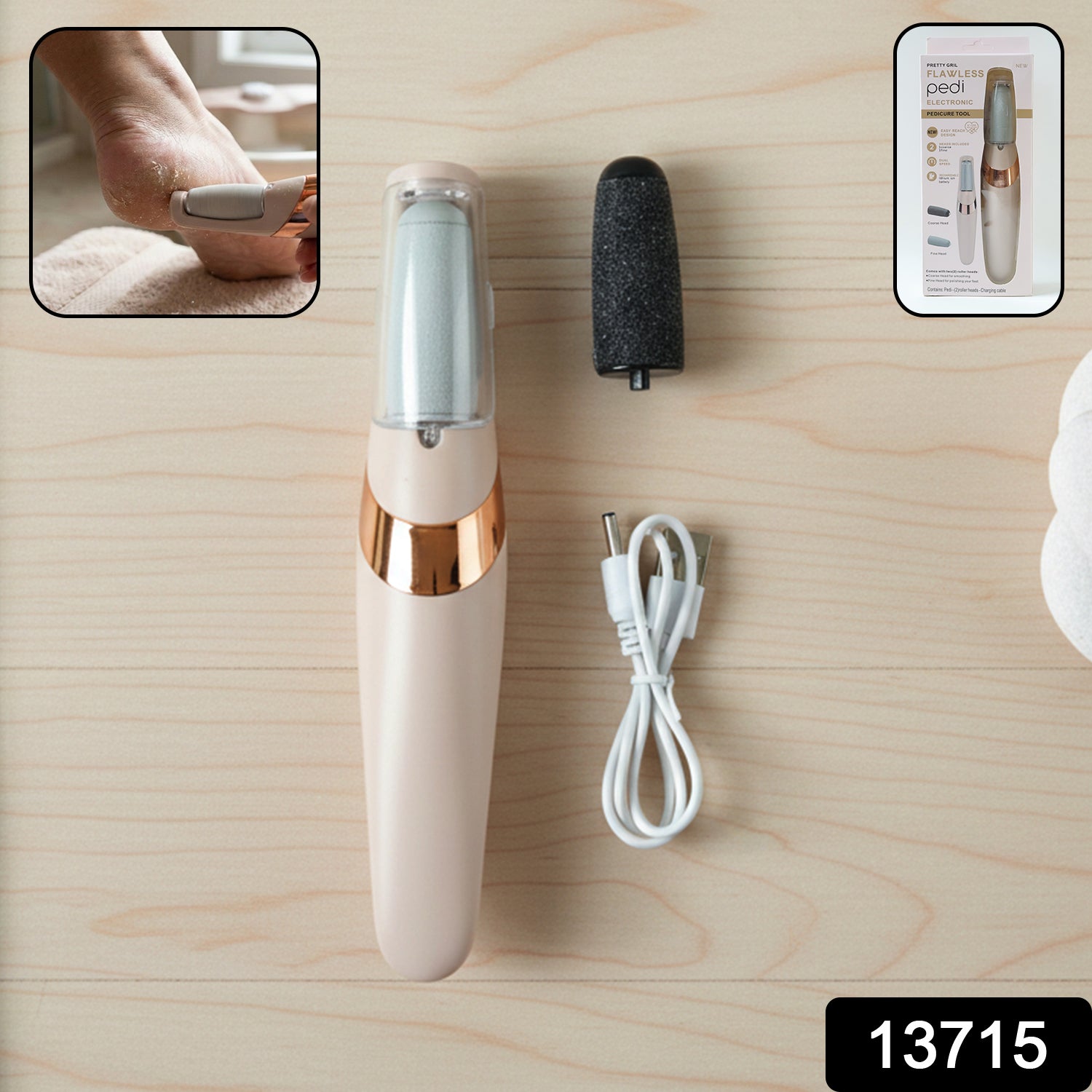 Electronic pedicure tool displaying coarse and fine roller heads for varied skin needs.