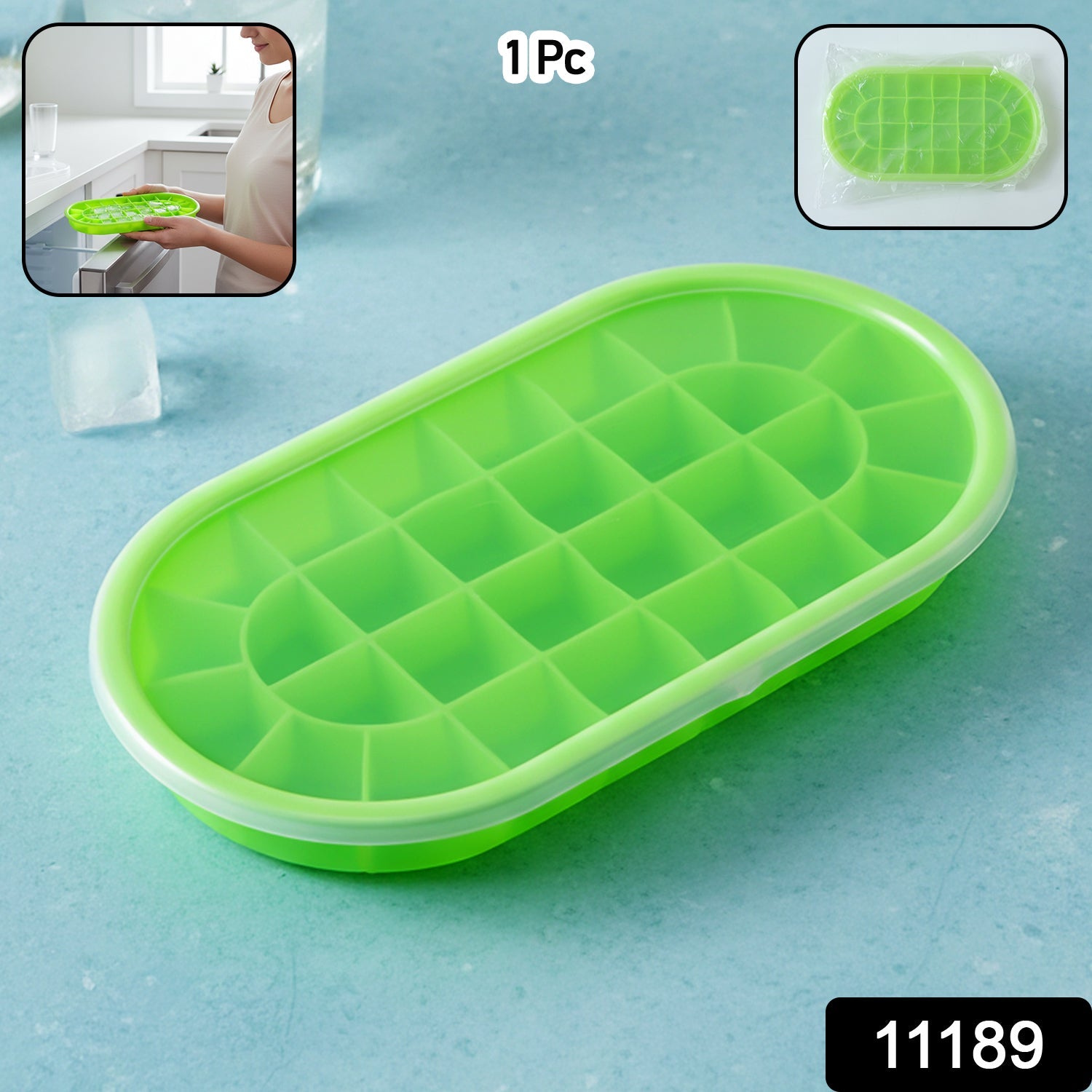 Flexible oval ice cube tray showing lid for secure storage