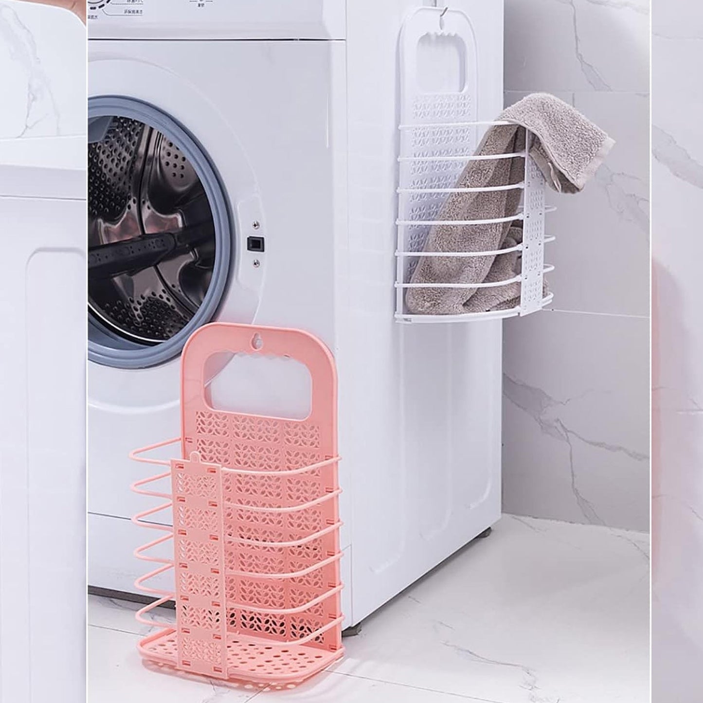 Organivo Wall Hanging Laundry Basket in its compact, folded state, demonstrating portability.
