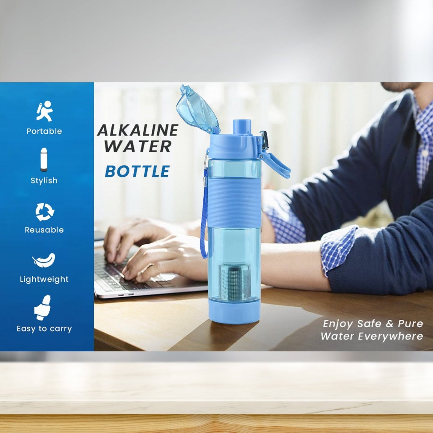 Detail shot of the secure cap and mouthpiece of the alkaline water bottle.