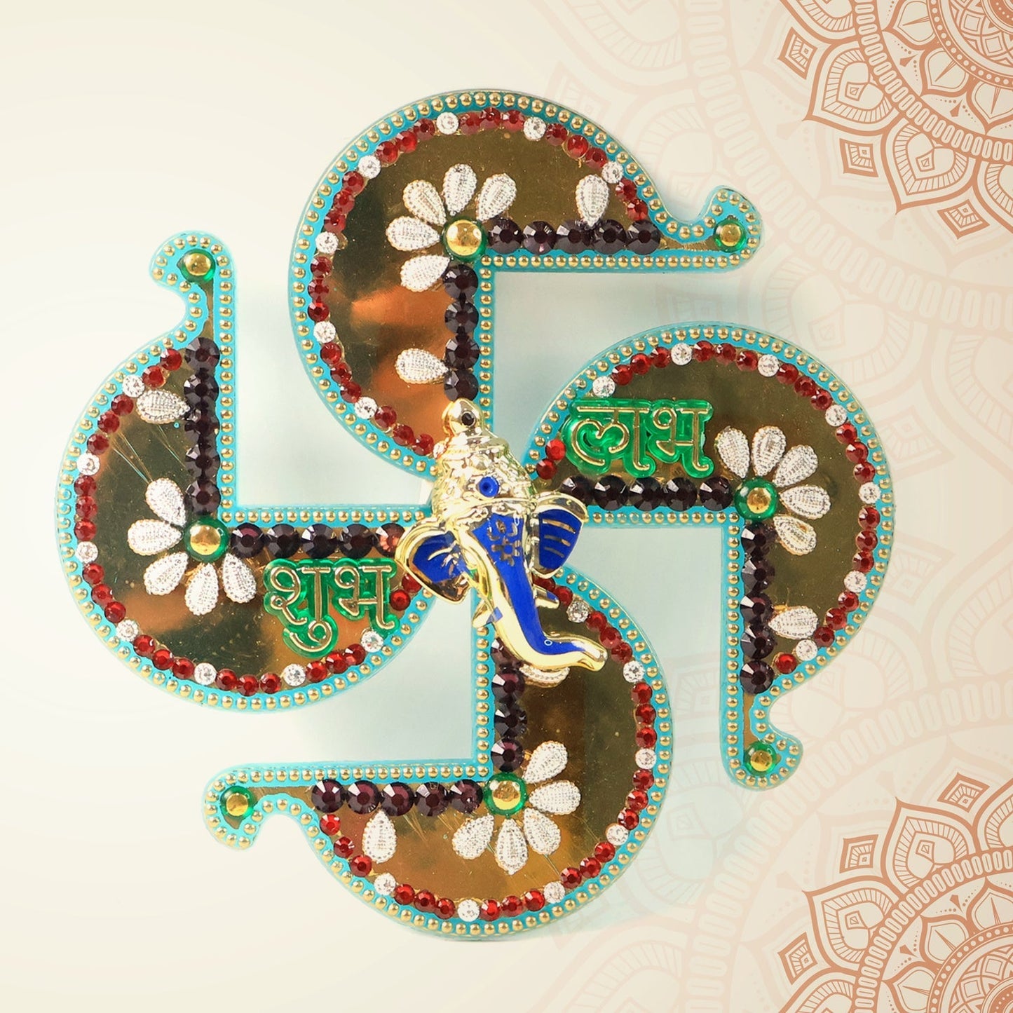 Swastik Shubh Labh wall hanging with golden finish and vibrant color highlights