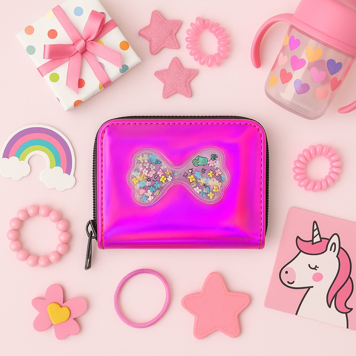 Cute kids wallet with bow-shaped floating glitter window and vibrant holographic finish