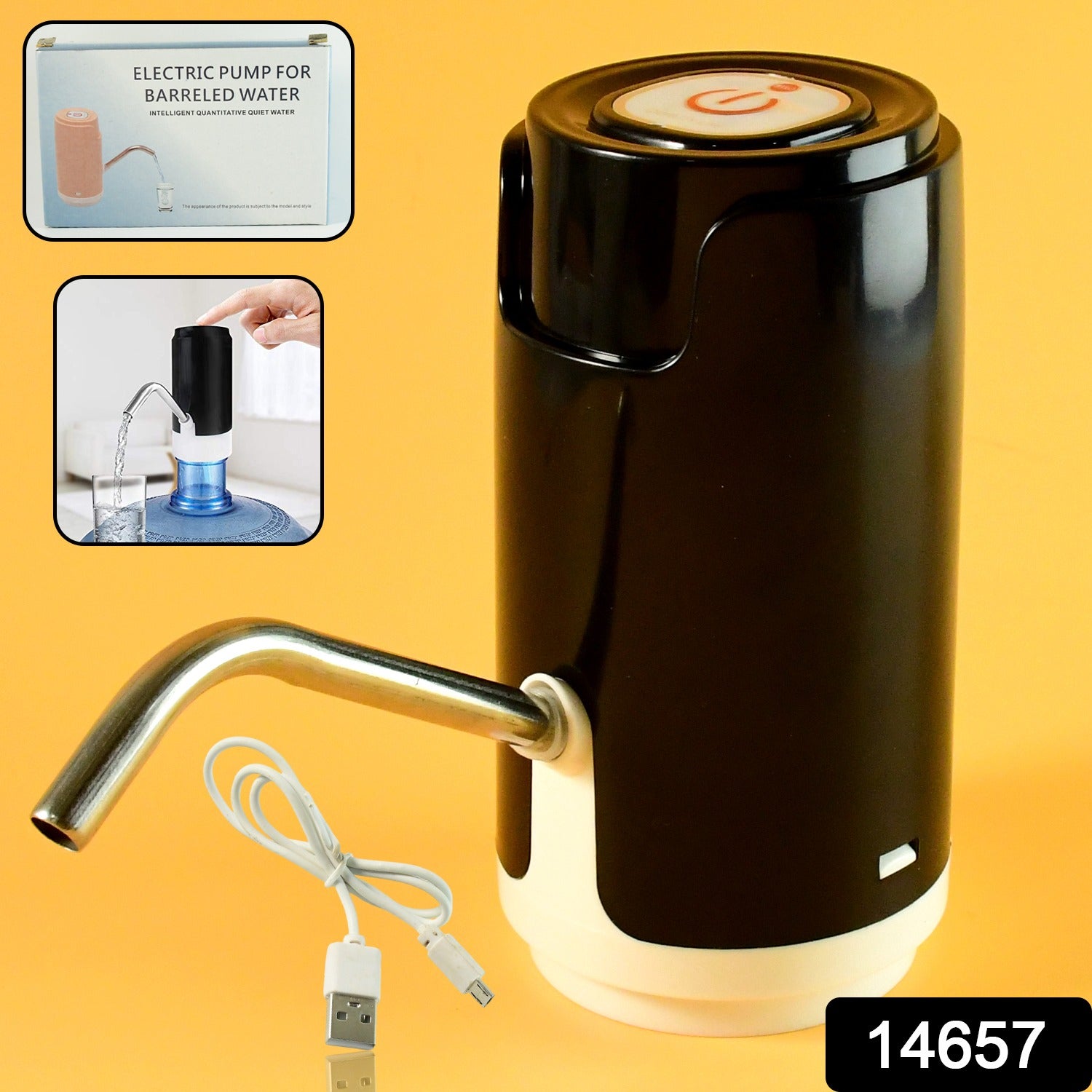 Side view of rechargeable automatic water dispenser pump showing compact and portable design