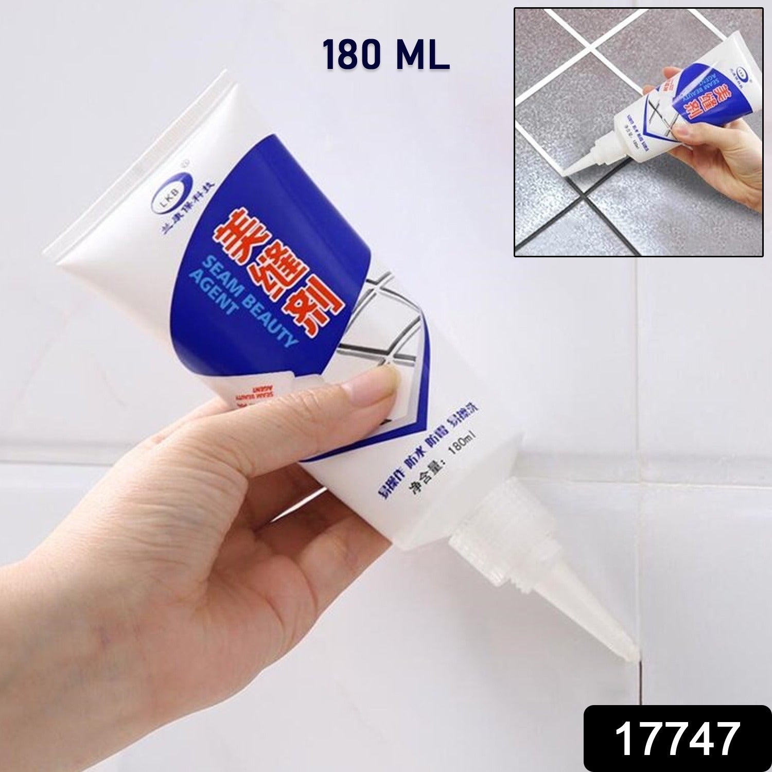 Hand applying white Waterproof Tile Gap Filler to seal bathroom tile grout cracks.