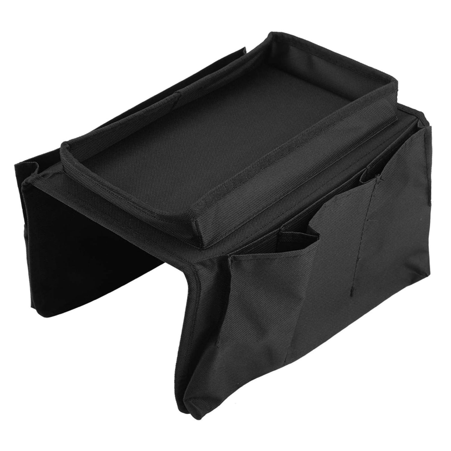 Practical sofa armrest organizer storing books, an iPad, and remote controls.