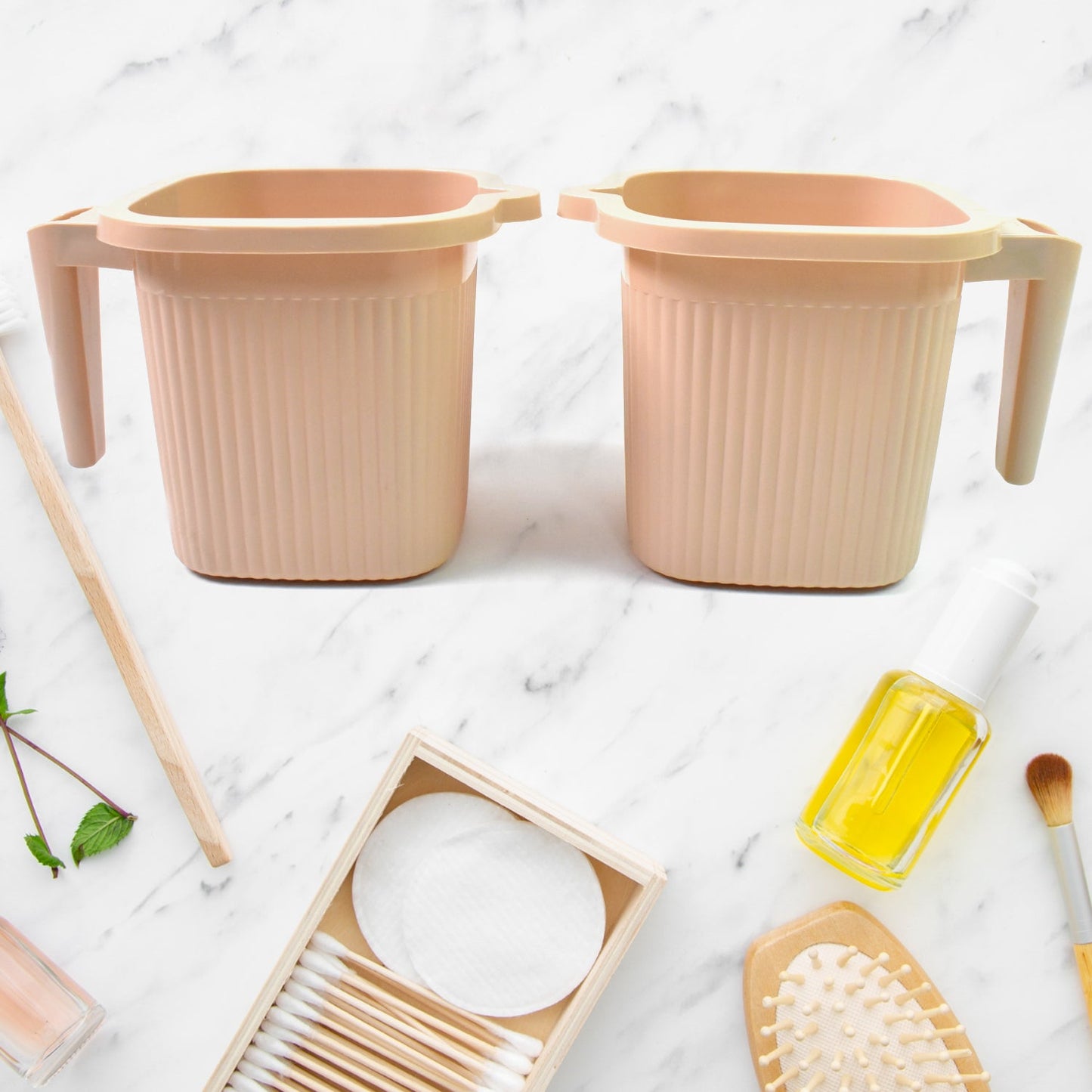 Top-down view of the square plastic bath mug, showcasing its wide opening.