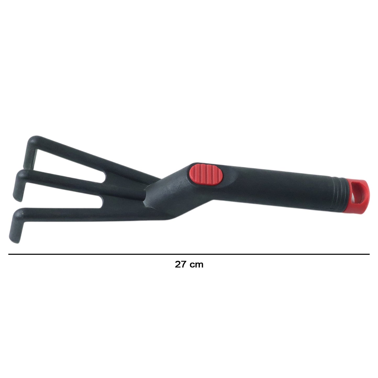 Close-up of lightweight plastic garden cultivator tool
