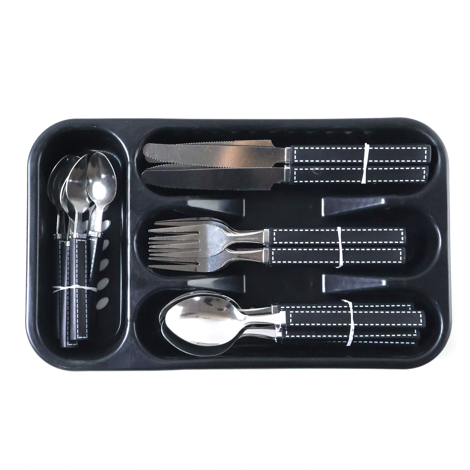 Organized stainless steel cutlery set with plastic grip handles in tray
