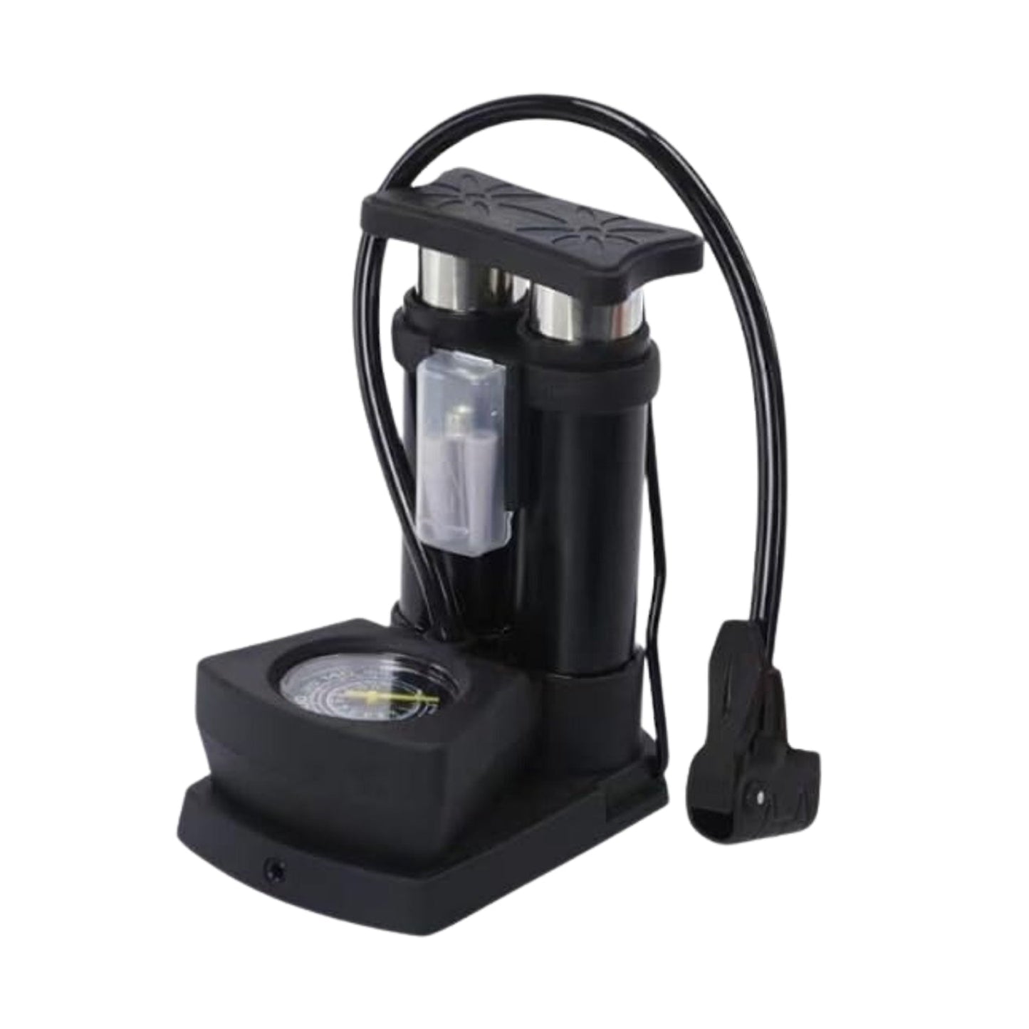 Angled view of the Safora mini bike pump, highlighting its robust construction.