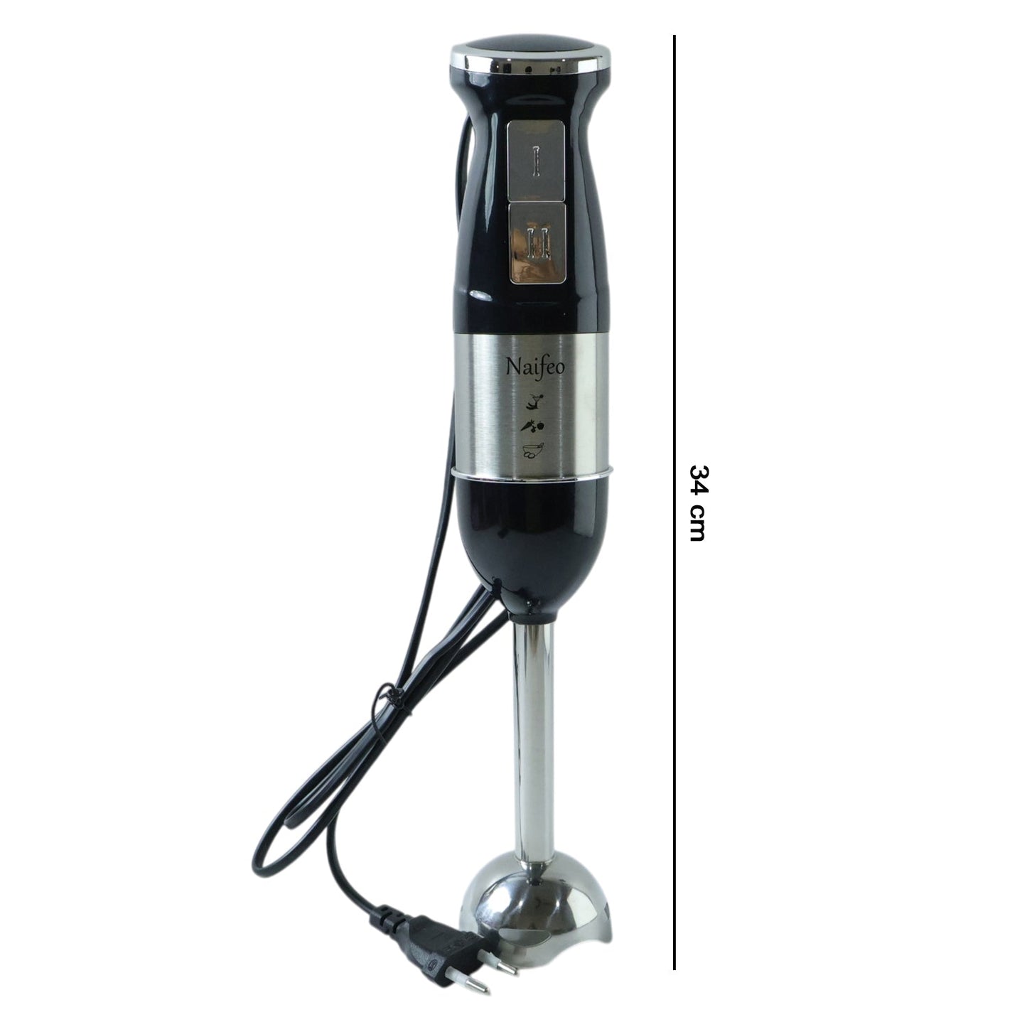 Portable hand blender with stainless steel body and 300W motor on table