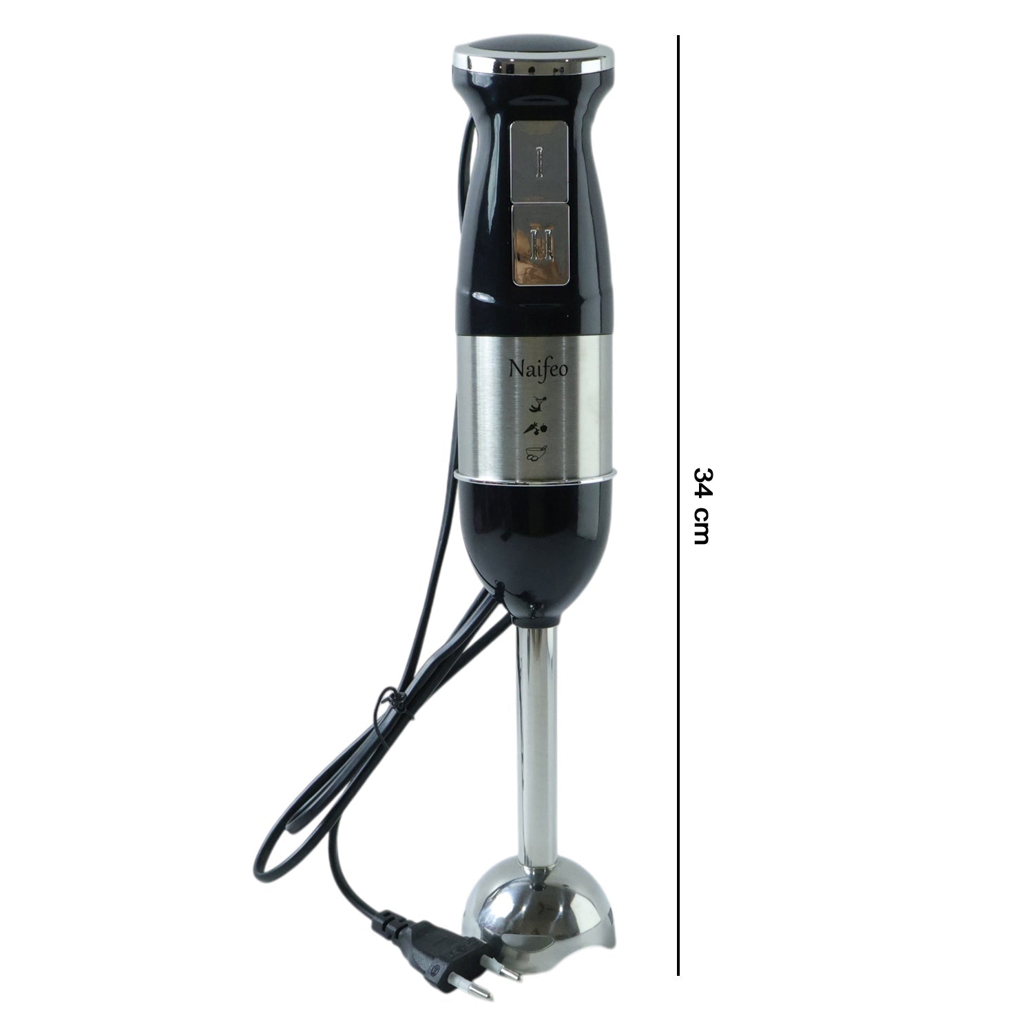 Portable hand blender with stainless steel body and 300W motor on table