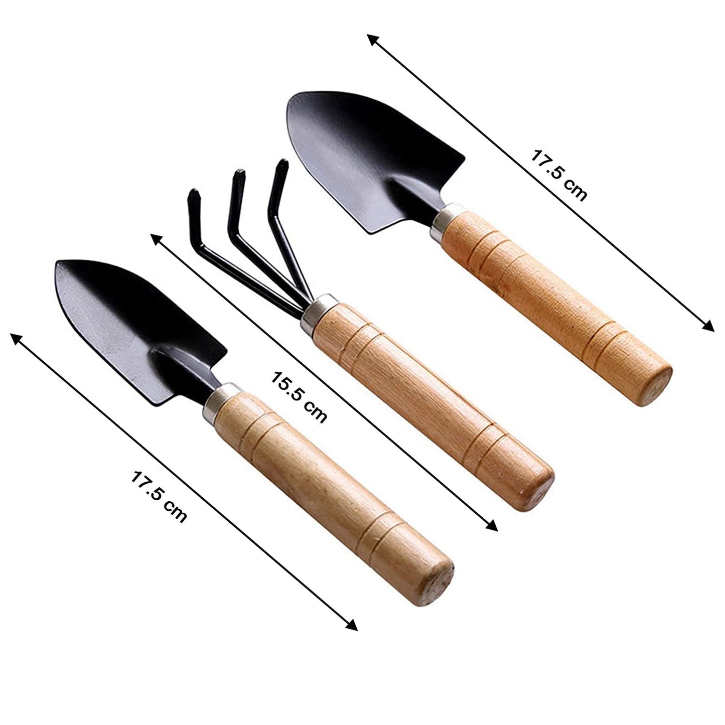 All three small gardening tools: a hand cultivator, trowel, and garden fork.