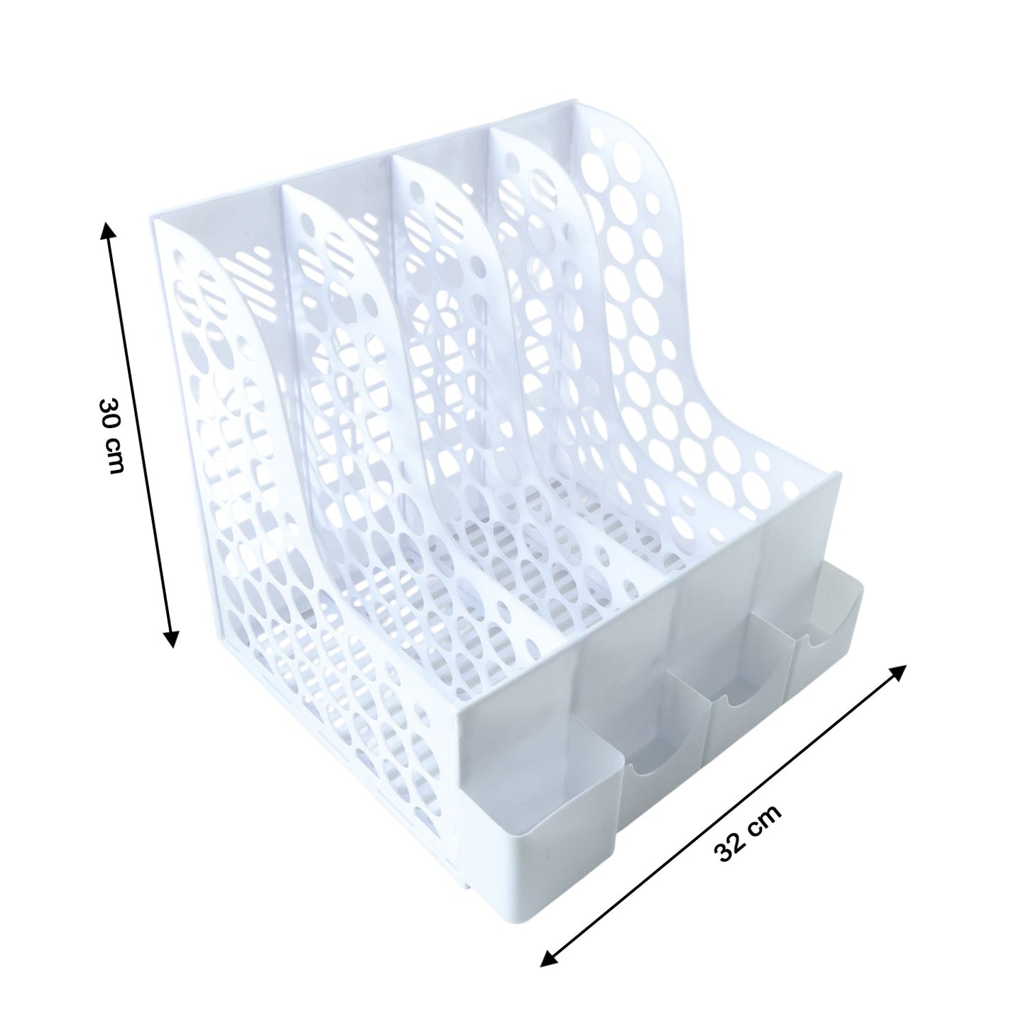 Top view of multipurpose desk organizer showing slots and open-grid design.