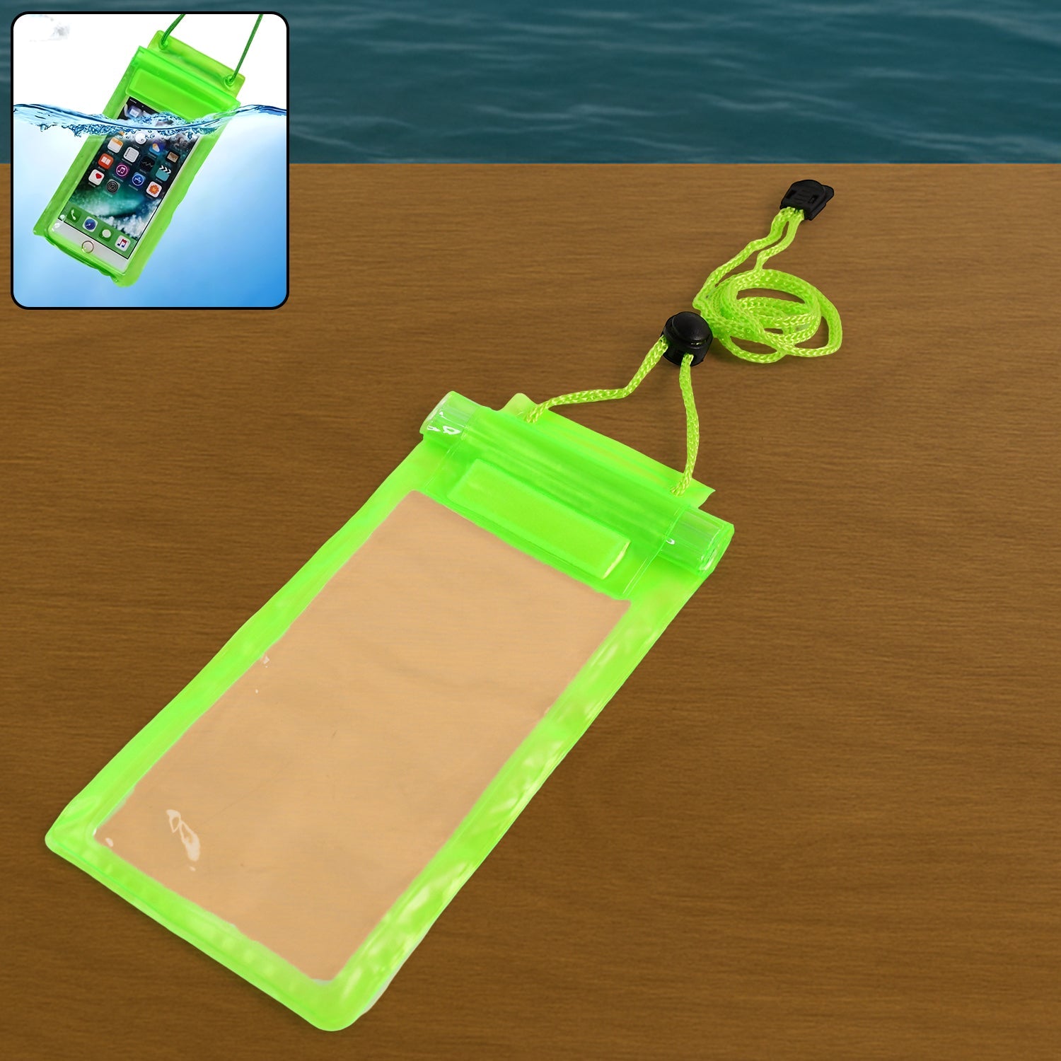 Clear waterproof mobile pouch securely holding a smartphone, ready for aquatic activities.