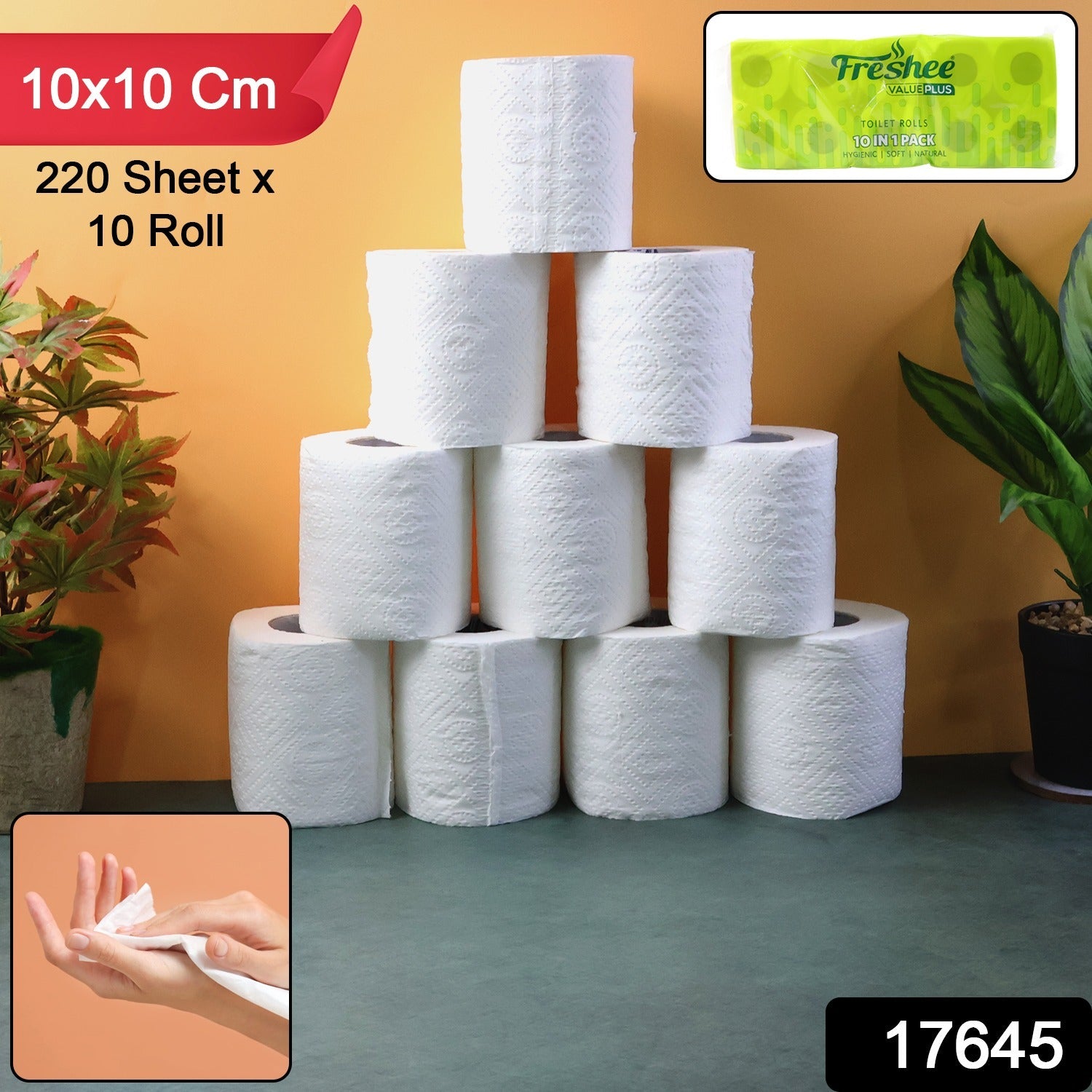 Stack of Freshee toilet tissue rolls highlighting the soft texture and family pack.