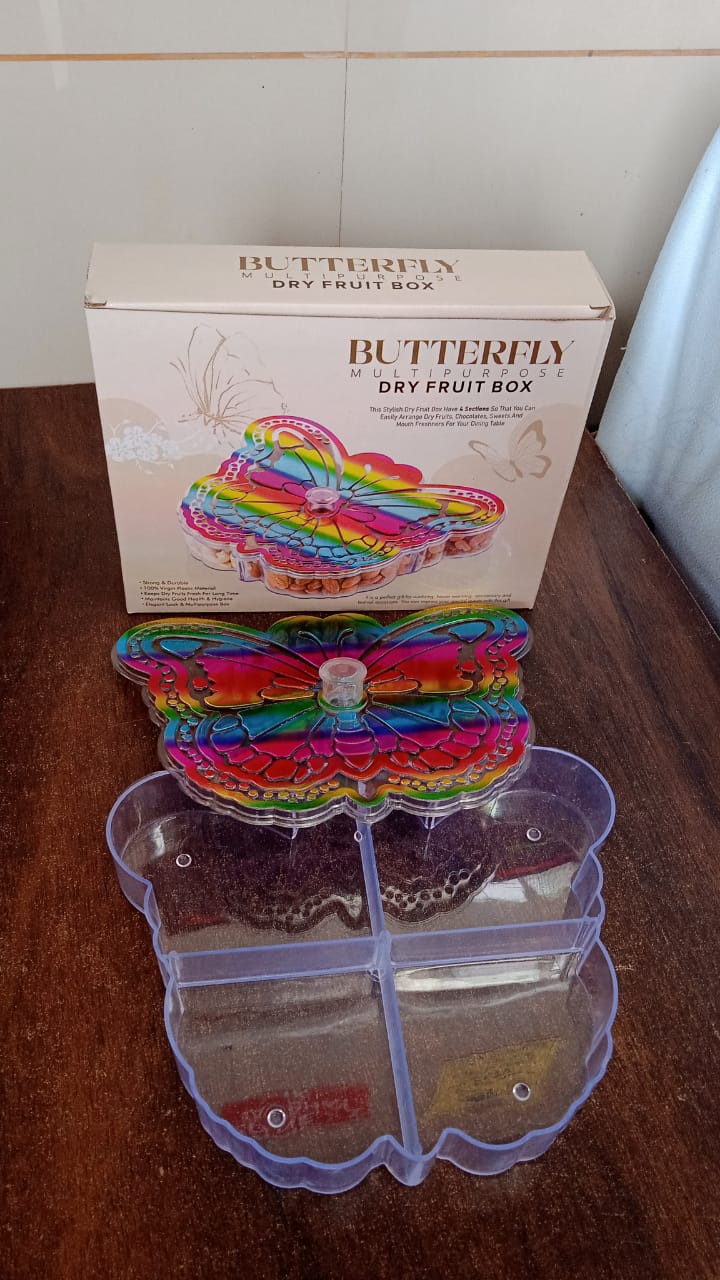 Close-up of the food-grade plastic material of the Tidy Table butterfly dry fruit box.