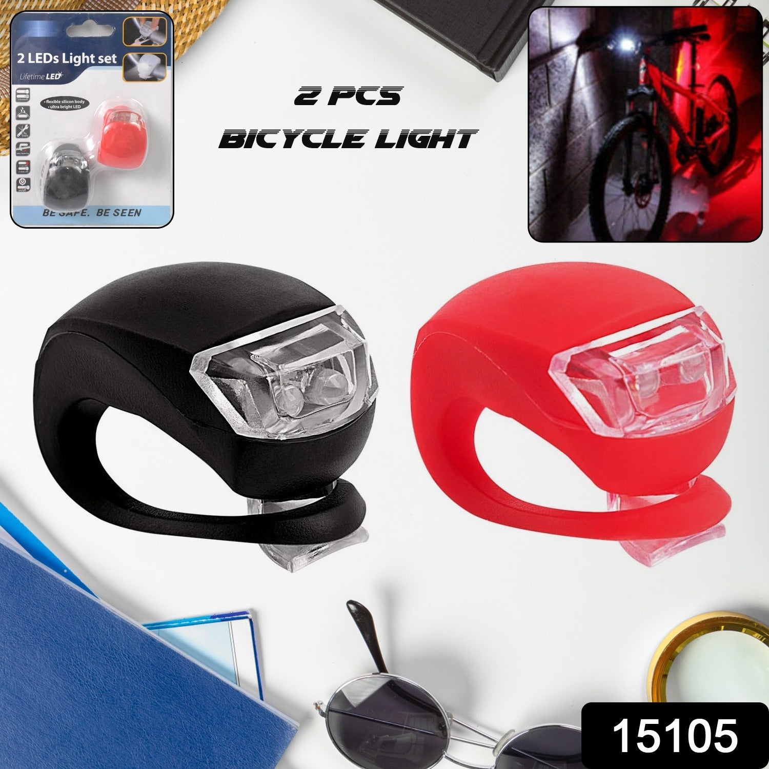 Bicycle with an illuminated LED Bike Light Set, enhancing rider visibility during a night ride.