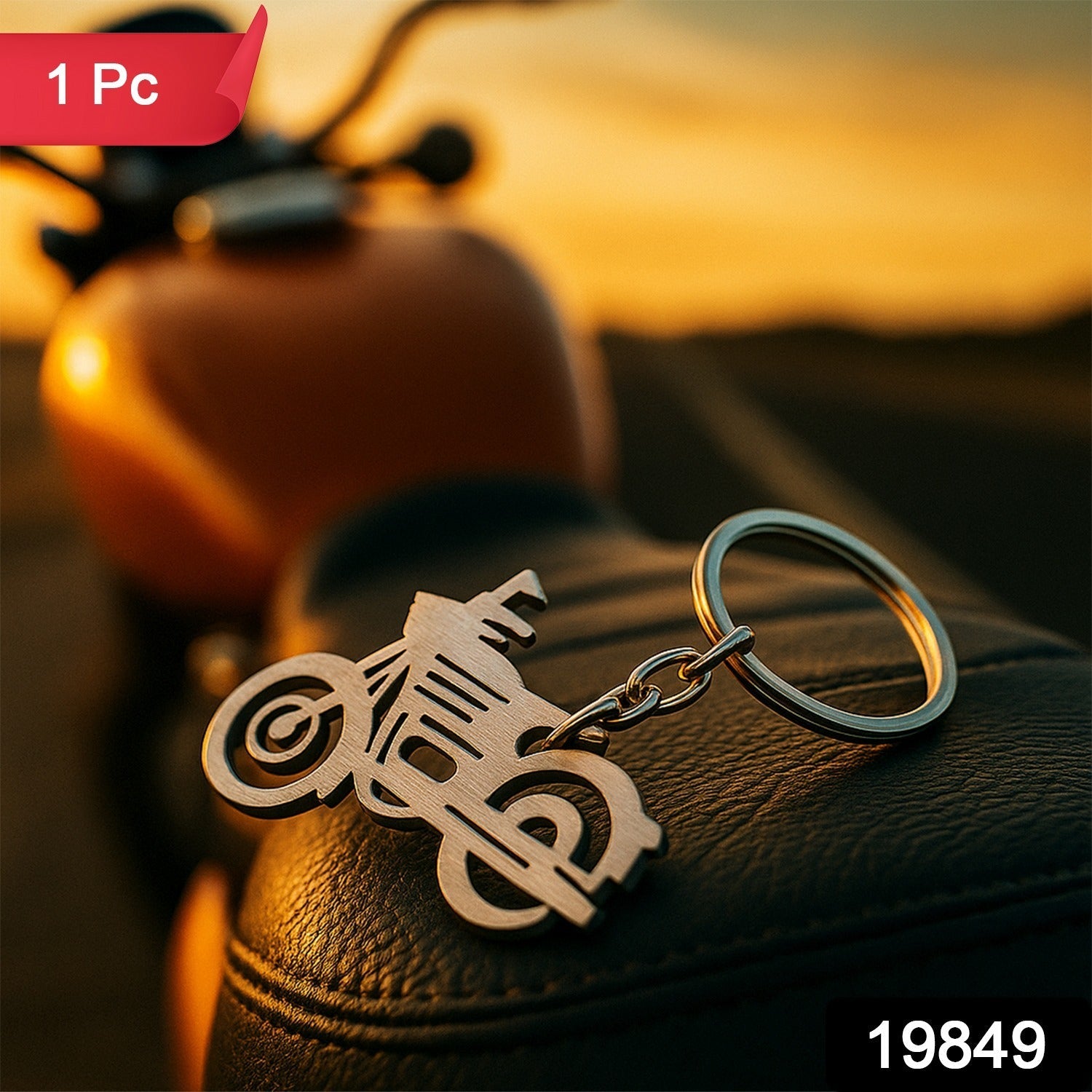 Close-up view of the durable motorcycle shaped metal keychain's smooth finish.