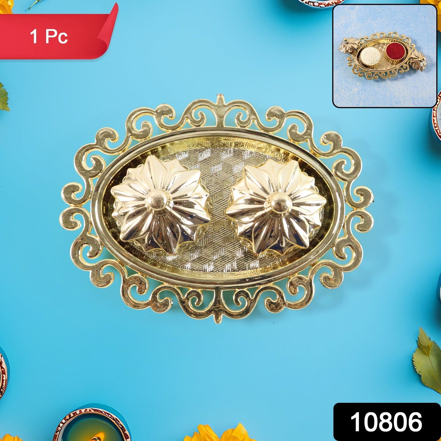 Decorative double kumkum dish set with floral engraved lids and golden finish