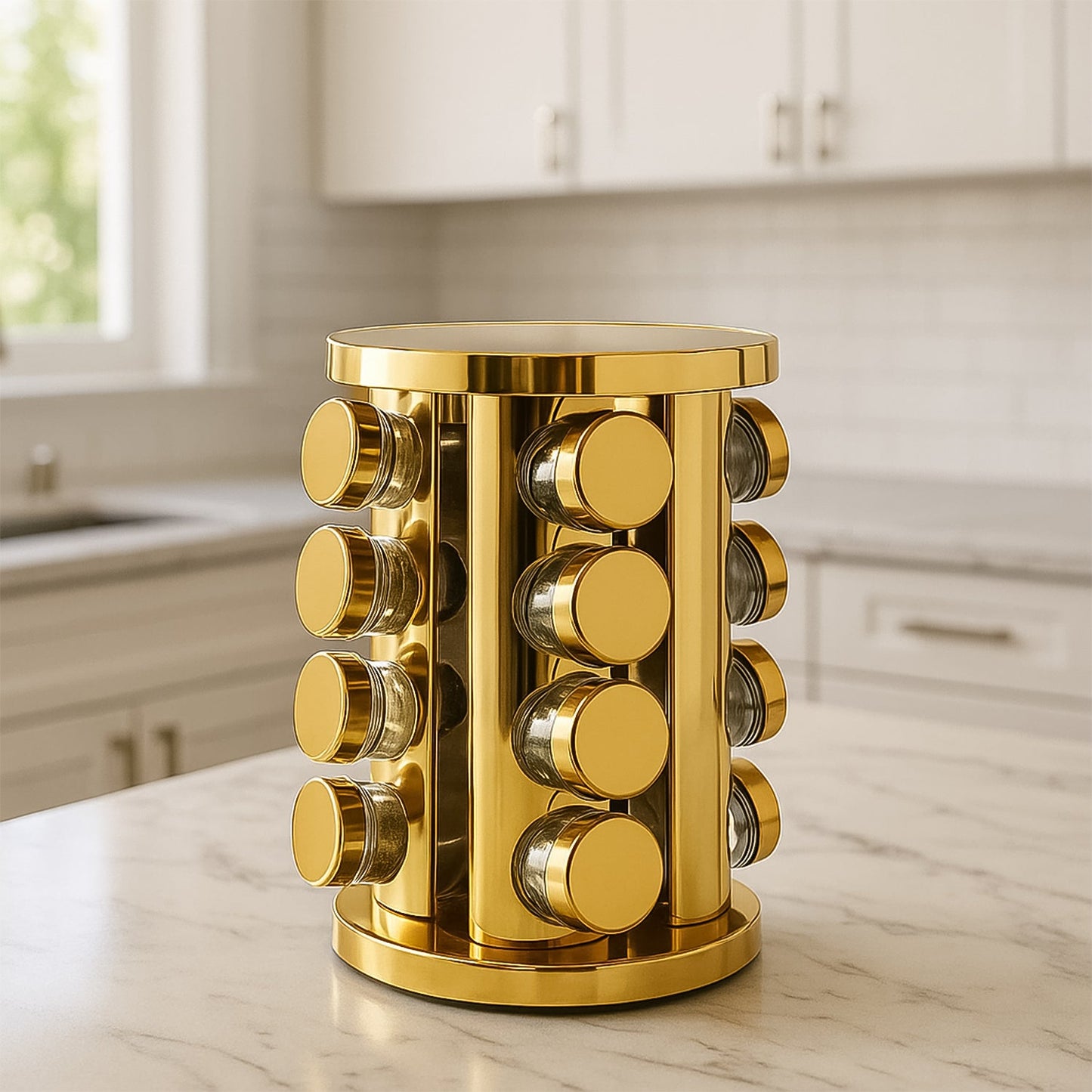 LED Rotating Spice Rack with 16 glass jars and golden finish by Tidy Table.