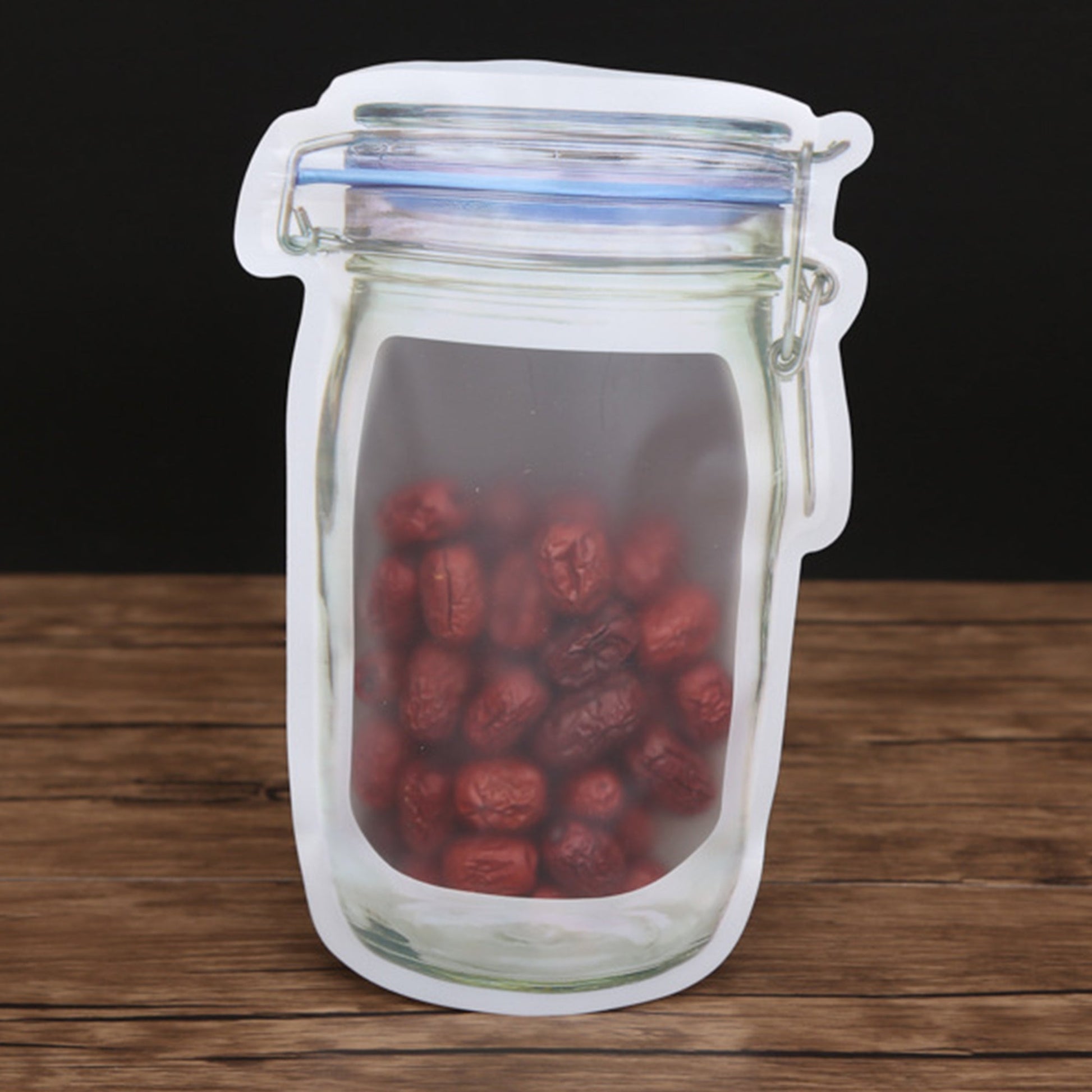 Organized pantry with the transparent mason jar zipper bags storing various food items.
