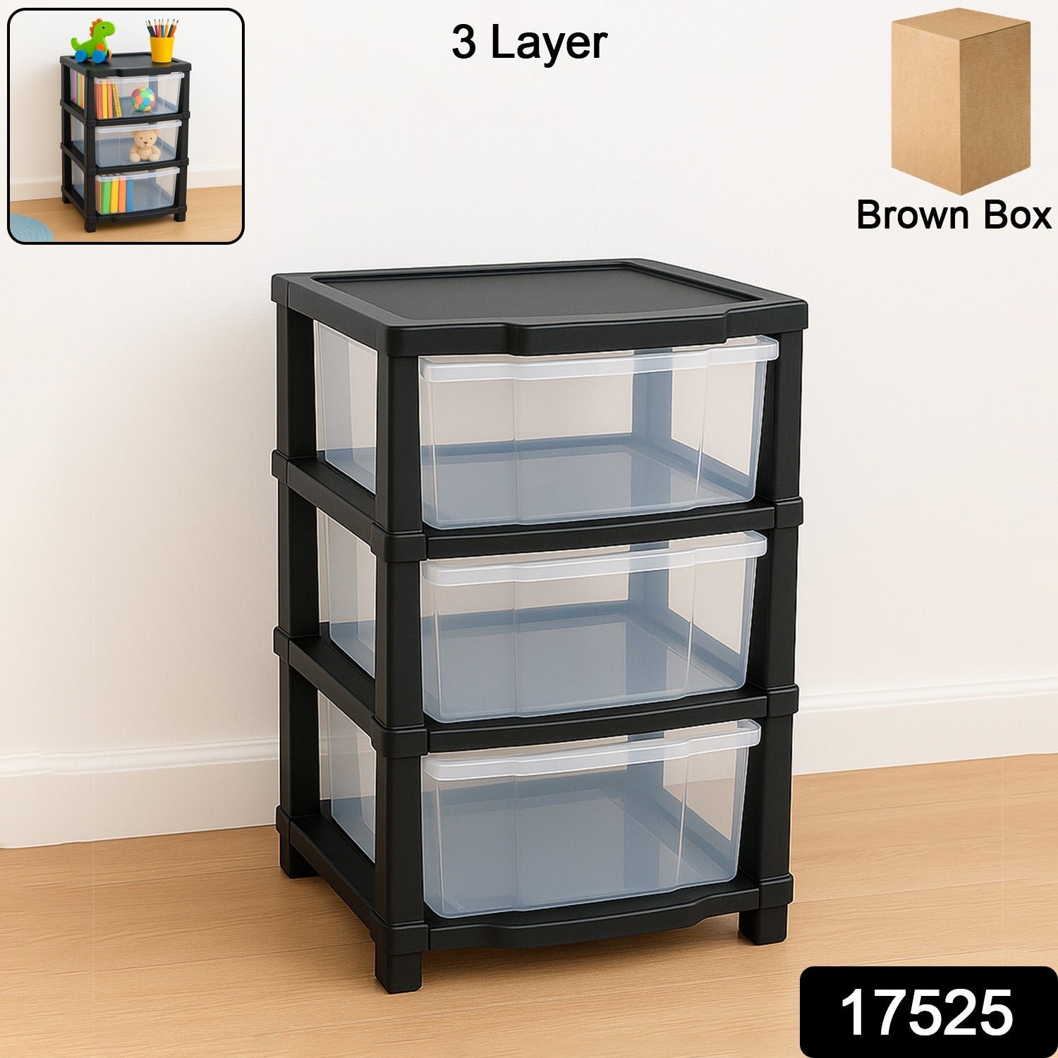 Side view of classic transparent 3-layer drawer organizer unit