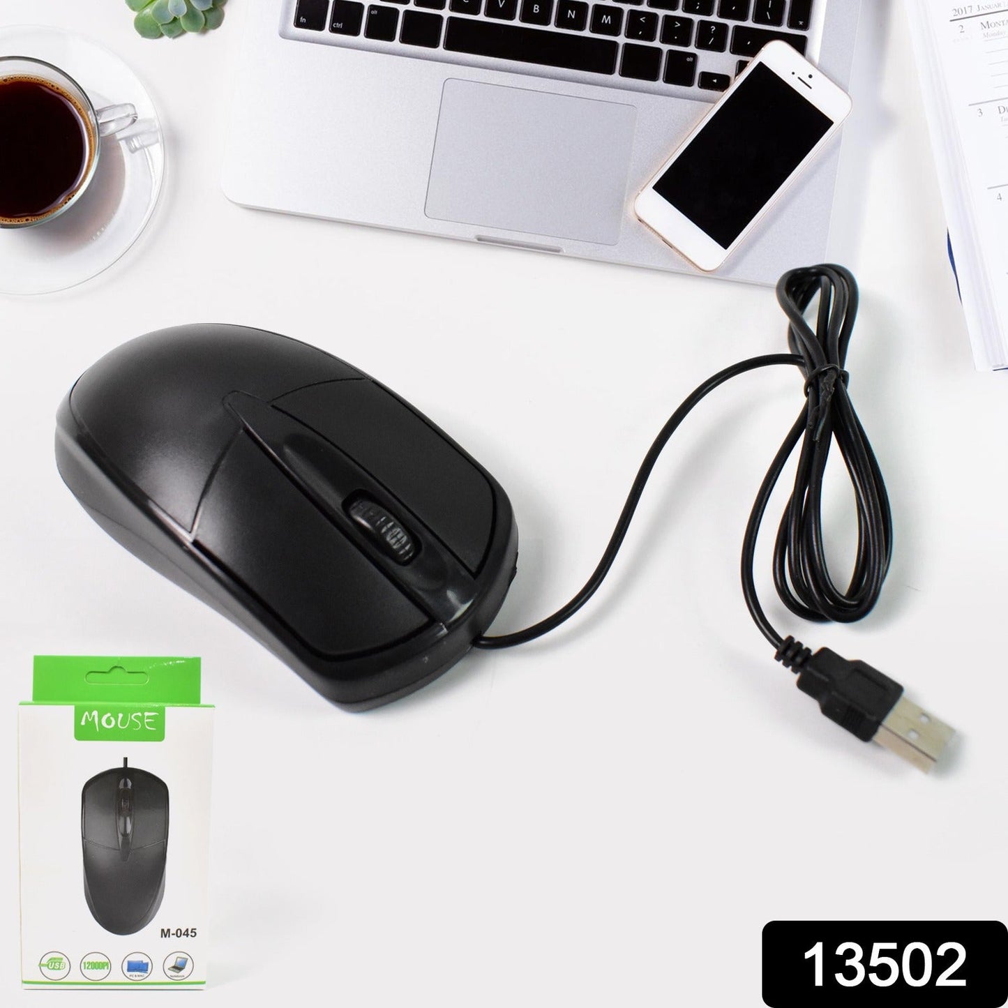 Close-up of the black wired optical mouse, highlighting its comfortable design and scroll wheel.