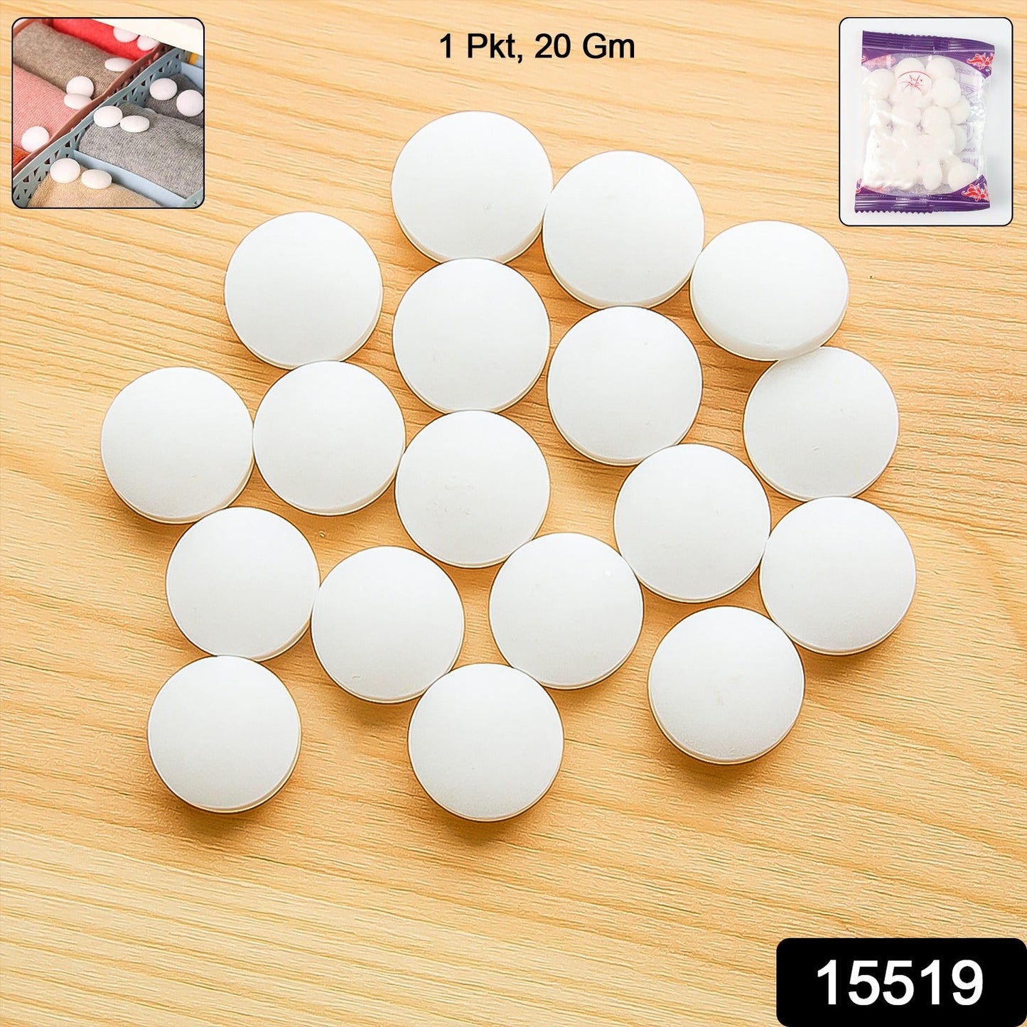 Cupboard deodorizer tablets in packet for moth repellent and fresh storage