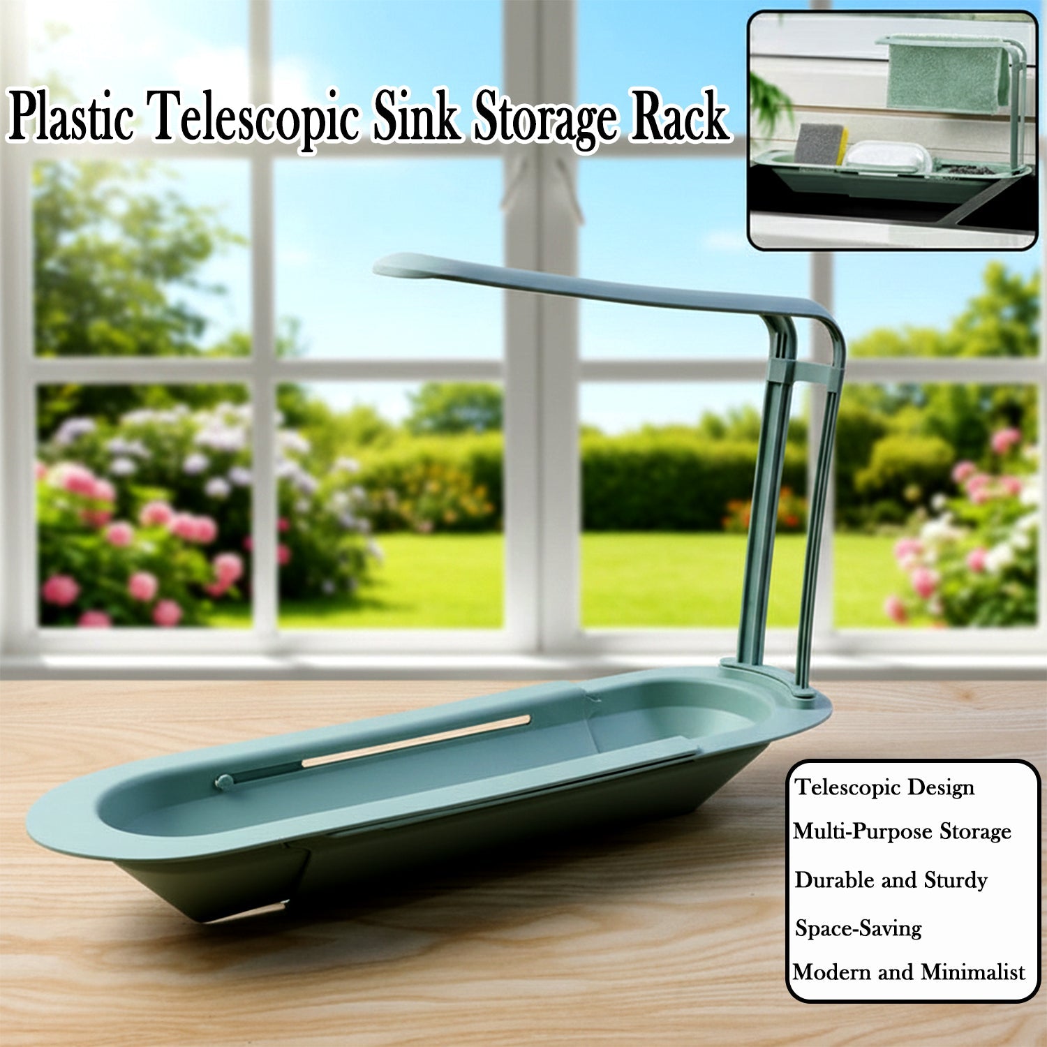 Full view of plastic telescopic sink storage rack over kitchen sink
