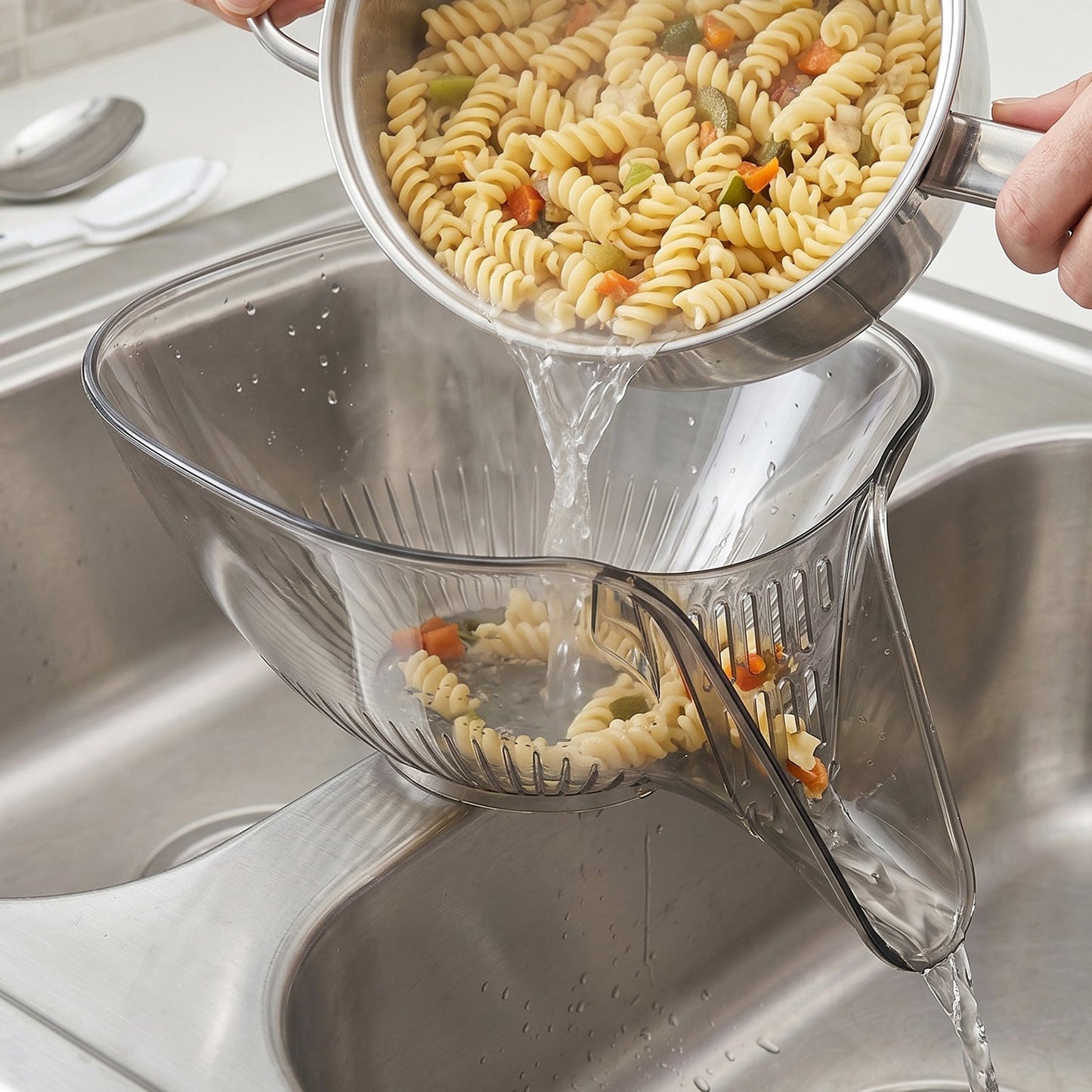Strainer basket placed in kitchen sink for washing produce